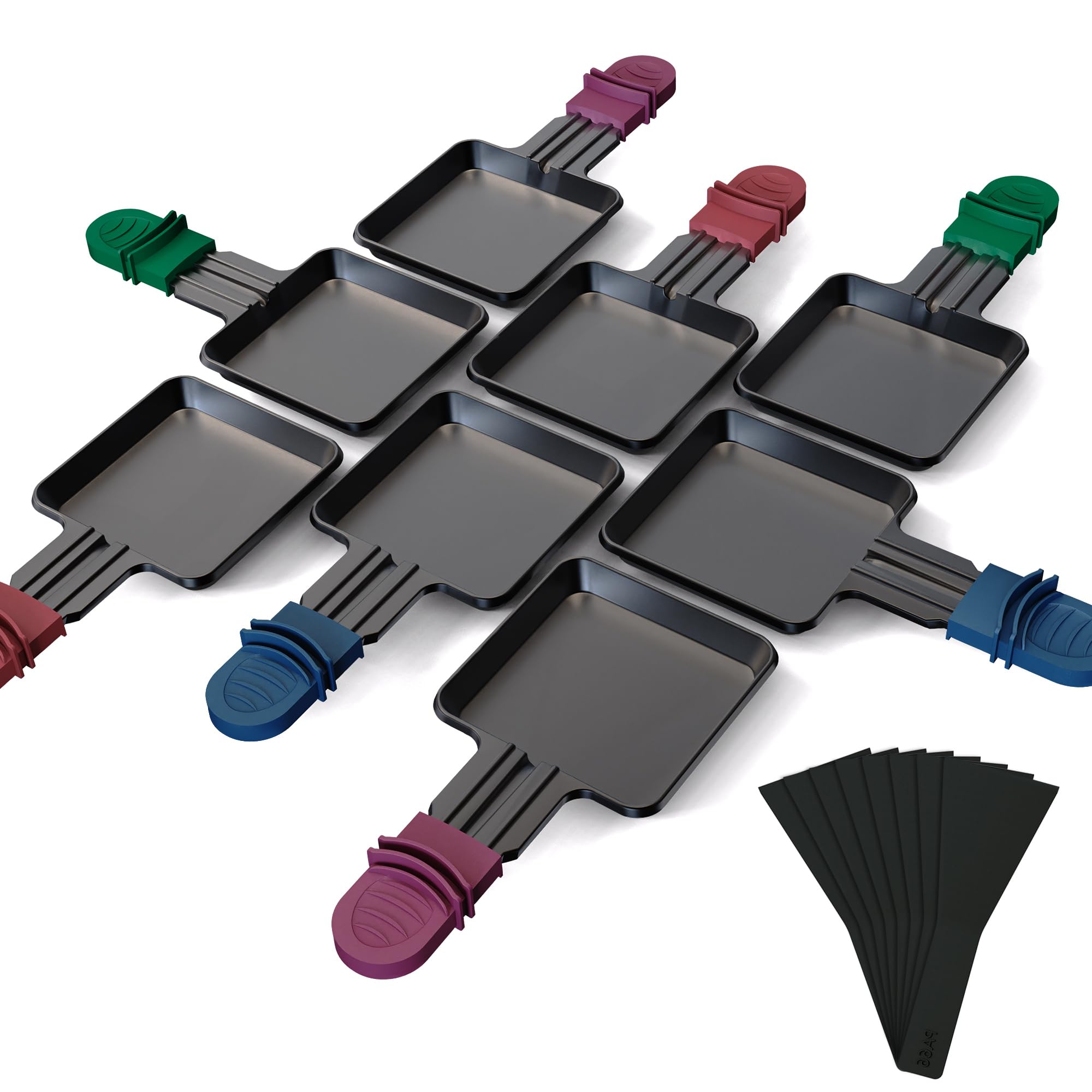 Yoassi 8 Pcs Poêlons Raclette Carré à Revêtement Antiadhésif,Mini Coupelle Raclette avec Poignées Colorées Anti-brûlures pour Fromage Fondu Oeuf Frit,8 Pcs Spatules Passés au Lave-vaisselle