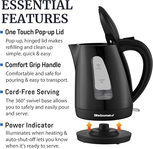 Miniatura 3 de Elite Gourmet EKT8690X 1.7L Electric Tea Kettle 1500W, Hot Water Heater Boiler BPA-Free, Fast Boil, Water Level Window and Auto Shut-Off, Black