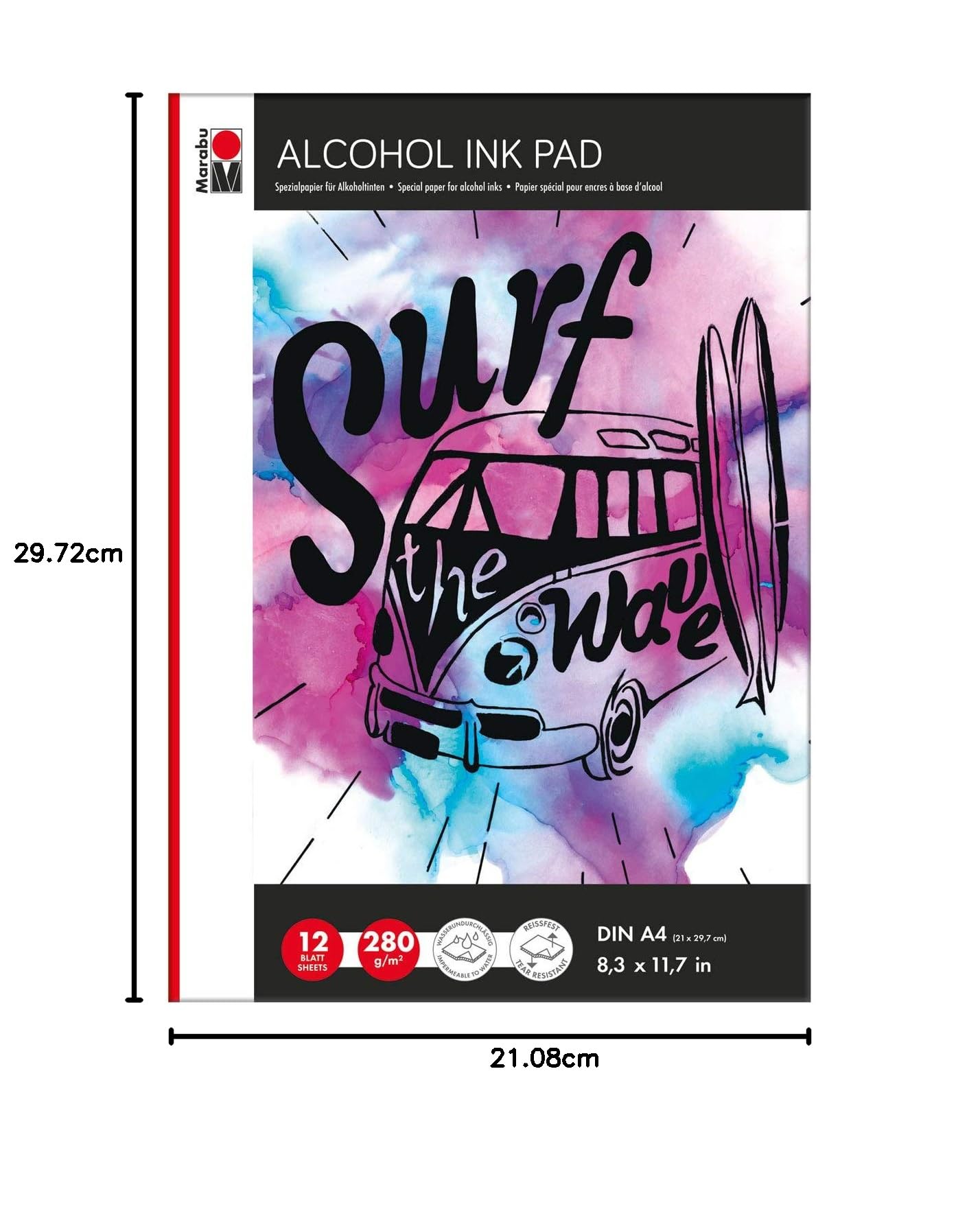 Marabu 161200000450 – Alcohol Ink Pad, specjalny papier do tuszy na bazie alkoholu, DIN A4, 12 arkuszy o gramaturze 280 g/m², matowe, białe, odporne na rozerwanie i nieprzepuszczające wody