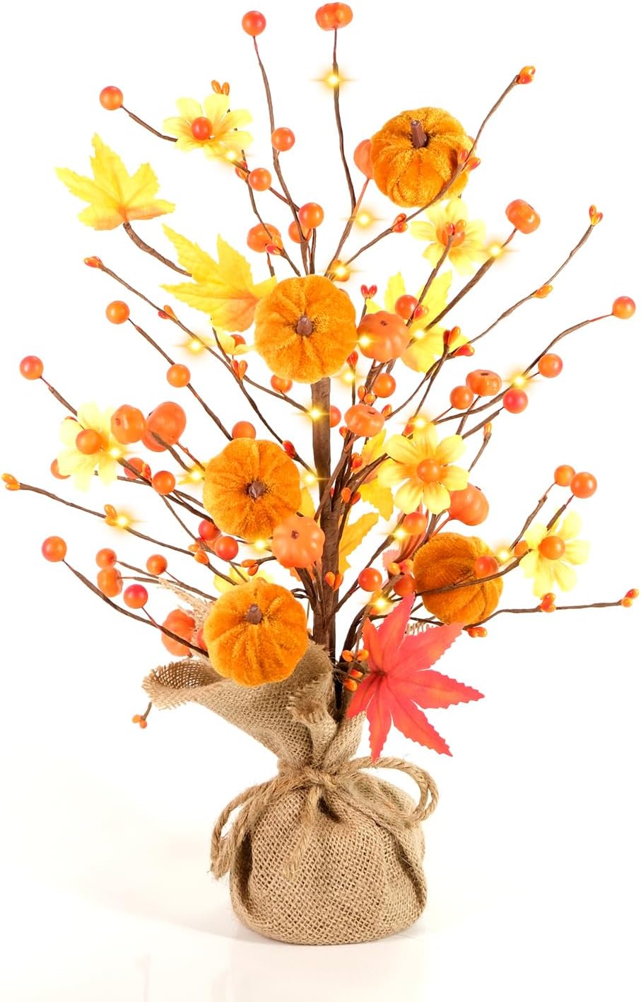 Fall Decorations for Home, 1 Pack 24 Inch Artificial Fall Pumpkin Berry Maple Leaf Tree with Lights for Tabletop Thanksgiving Autumn Harvest Indoor Decor
