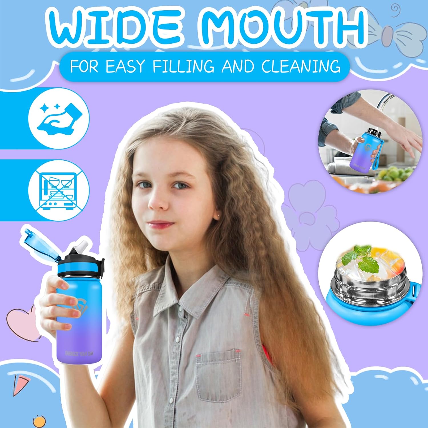 Grsta Drinking Bottle, 500 ml Children's Drinking Bottle, Stainless Steel Drinking Bottle with Straw, BPA-Free, Easy to Clean, Leak-Proof Drinking Bottle, for Nursery, School, Office, Sports