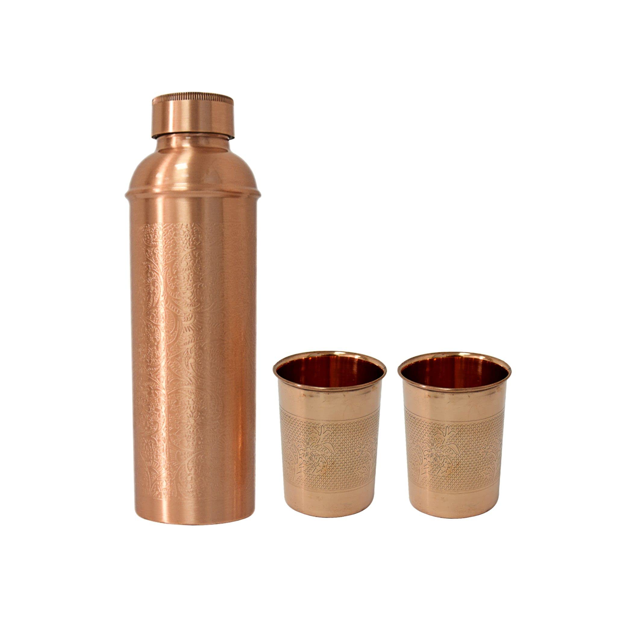 Divine Copper Pure Copper Fanta Embossed Water Bottle 950ml with 2 glass cup, Luxury Copper Vessel Leak Proof Bottle Tumbler, BT-82