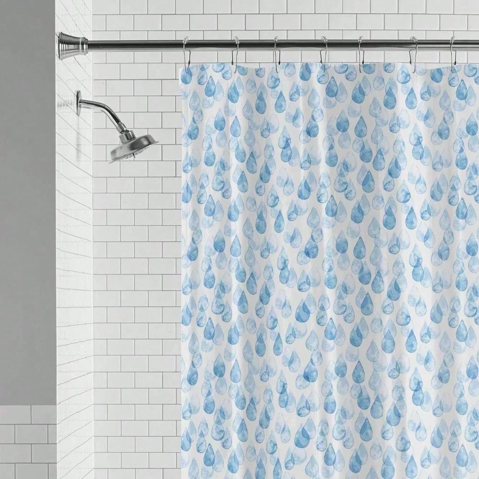IXEHOH Water Drops Waterproof Fabric Shower Curtain With 12 Hooks, Blue Printed Modern Hotel Luxury Quality Cloth Bathroom Curtains 165x165cm/65x65in(WxH)