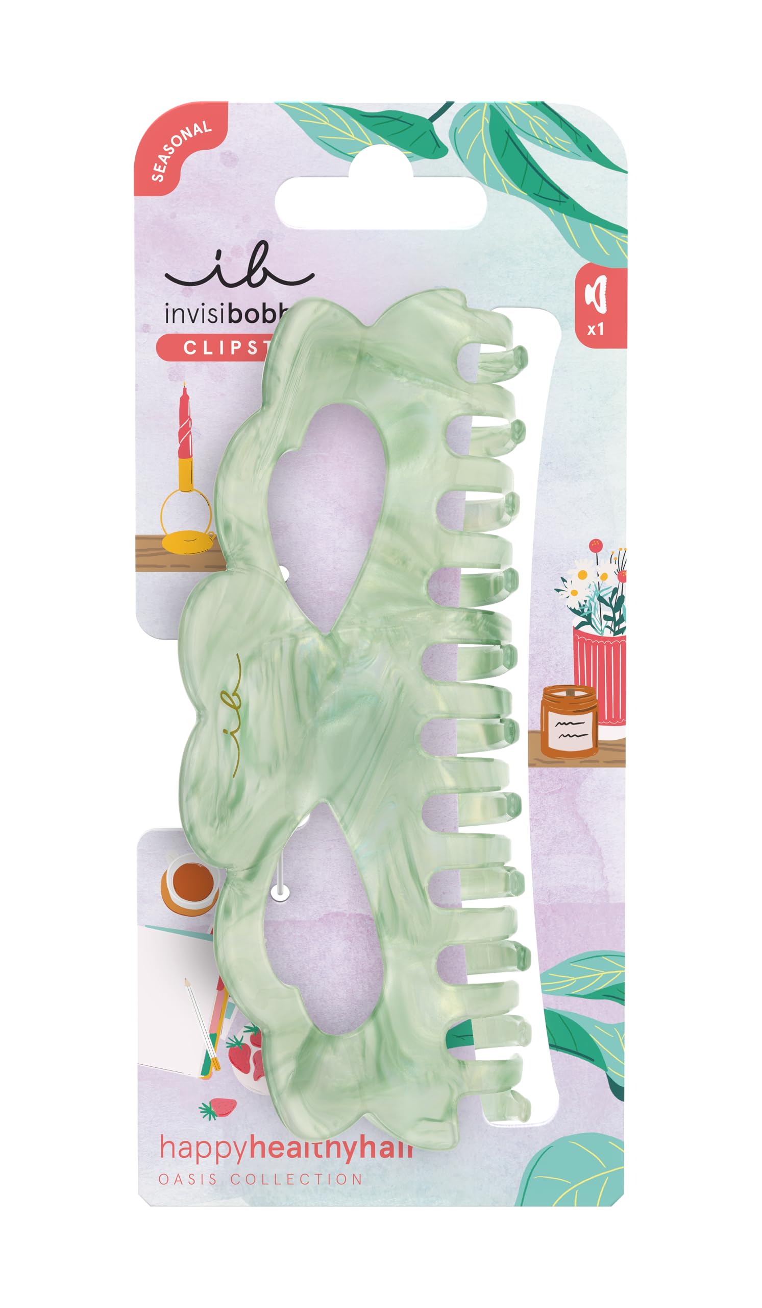 invisibobble - CLIPSTAR L Oasis Matcha Reset – duża spinka do włosów zapewnia mocne trzymanie – stylowe wzornictwo w uspokajającej zieleni Matcha – modny wygląd, bezpieczne trzymanie, zdrowe włosy