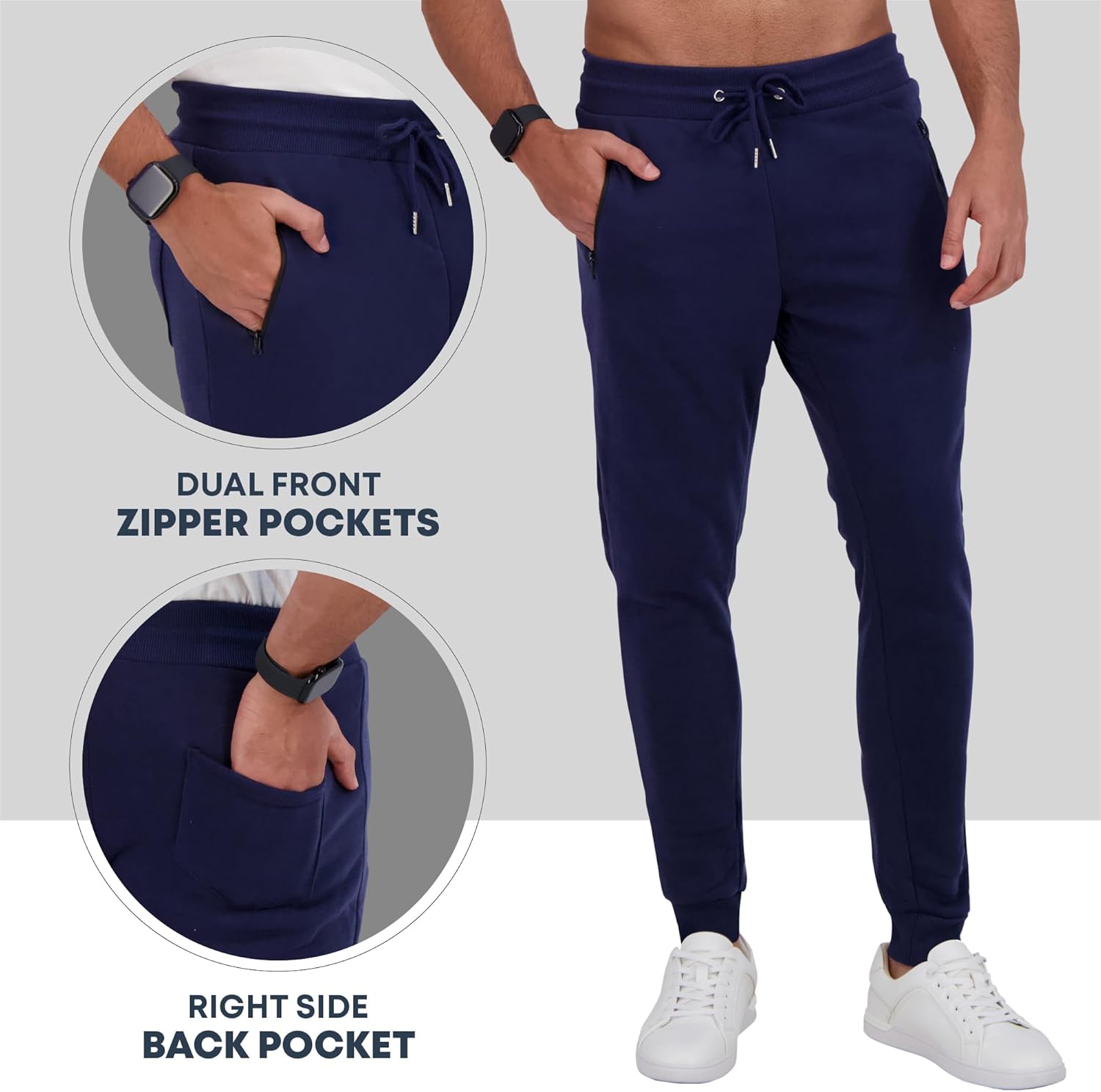 Fleece Mens Joggers with Zipper Pockets, Mens Sweatpants, Workout Sweats for Men S-2XL Large Navy