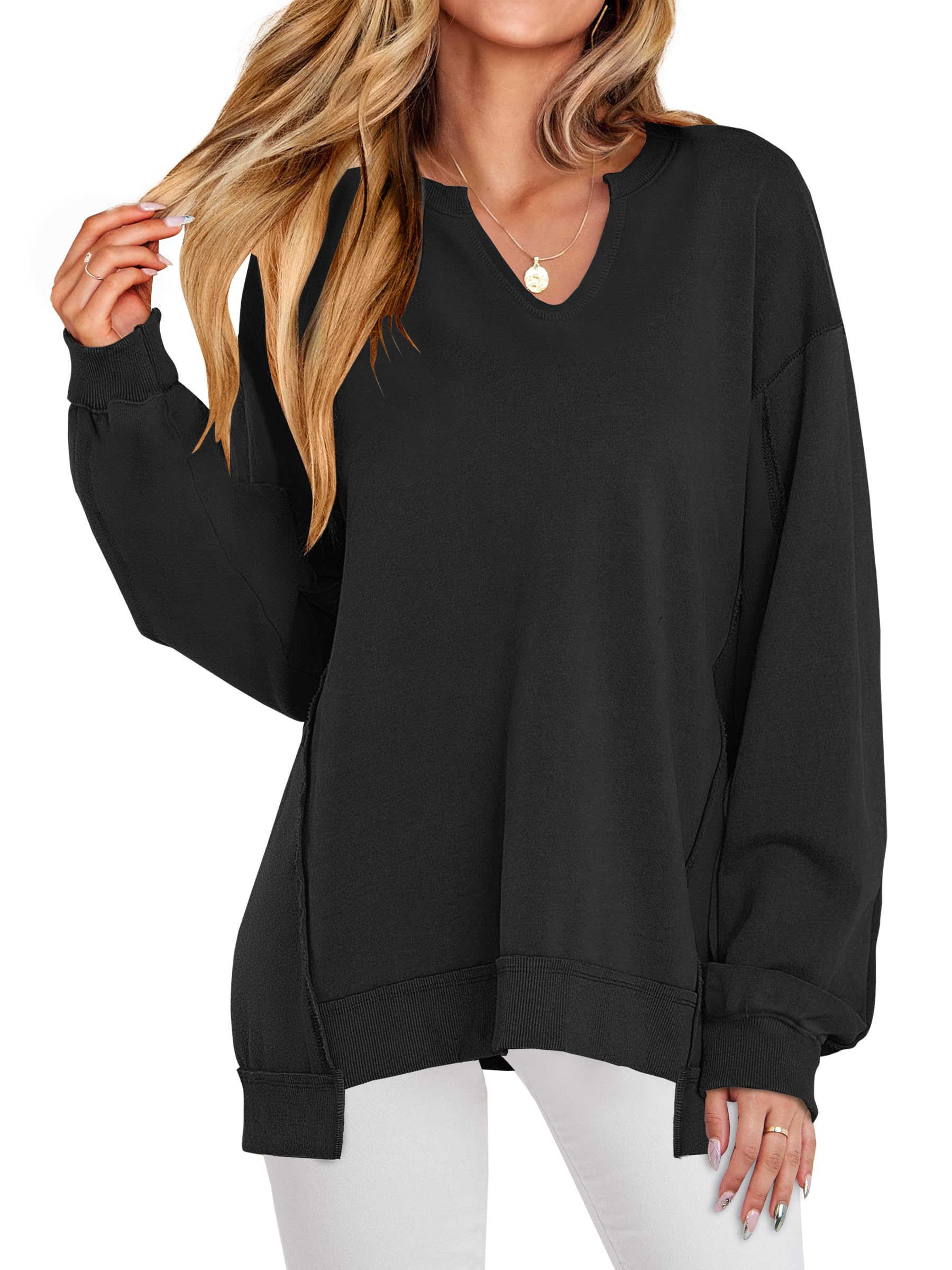 ANRABESS Women's Oversized Sweatshirts Long Sleeve Tunic Shirts V Neck Loose Pullover Tops 2026 Spring Teen Girls Outfit
