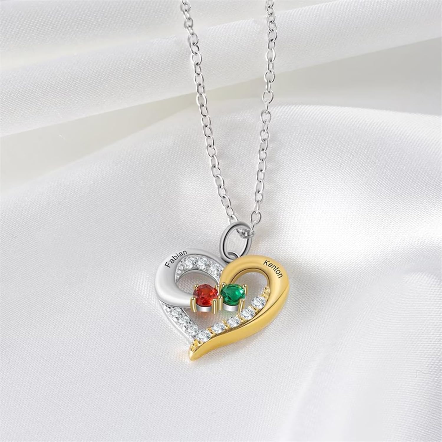 10K 14K 18K Gold Natural Diamond Personalized Name Birthstone Heart Necklace 1~5 Birthstone Customized Birthstone Heart Necklace with 1~5 Name for Women Best Gift for Mom/Wife/Friend/Family