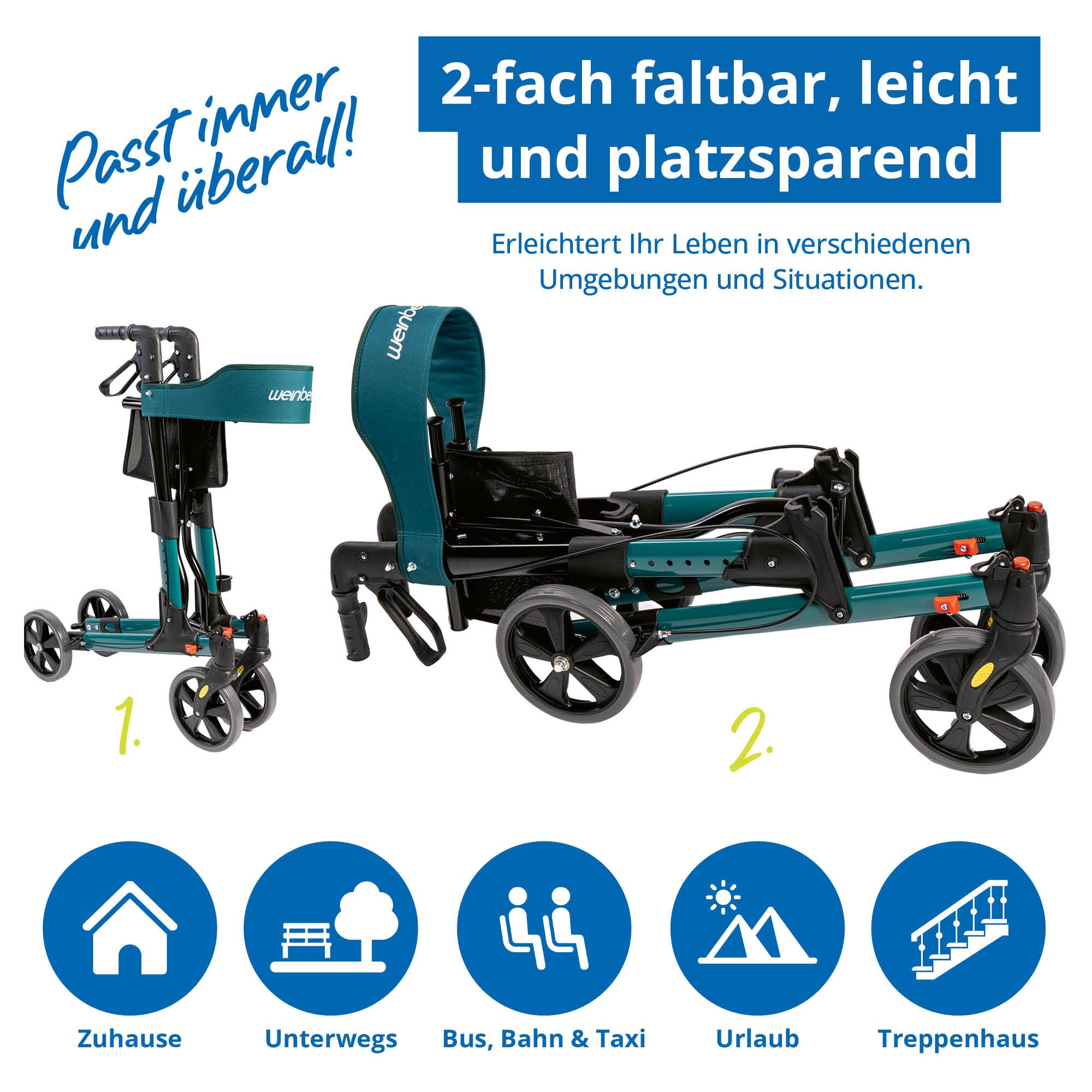 Weinberger Rollator faltbar und leicht mit Sitz | Tasche, Stockhalter, Griff, klappbar für alle Gelände | Höhenverstellbarer Indoor & Outdoor Rollator für Senioren | Gehhilfe, schmal, petrol