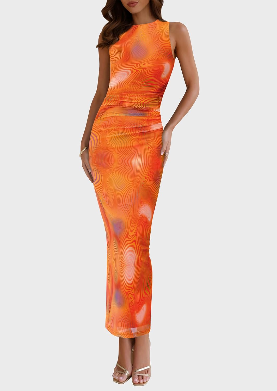 PRETTYGARDEN Womens Summer Wedding Guest Dress 2026 Spring Mesh Sleeveless Bodycon Ruched Floral Holiday Maxi Long Dresses - Image 3