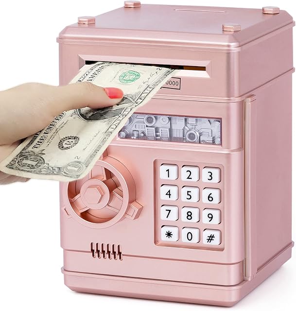 Thedttoy Electronic Piggy Bank Money Safe Password Money Box for Kids Ages 3+, ATM Bank Safe Coin Cash Banks Money Saving Box, Birthday for Boys Girls 3 4 5 6 7 years Old (Rose Gold)