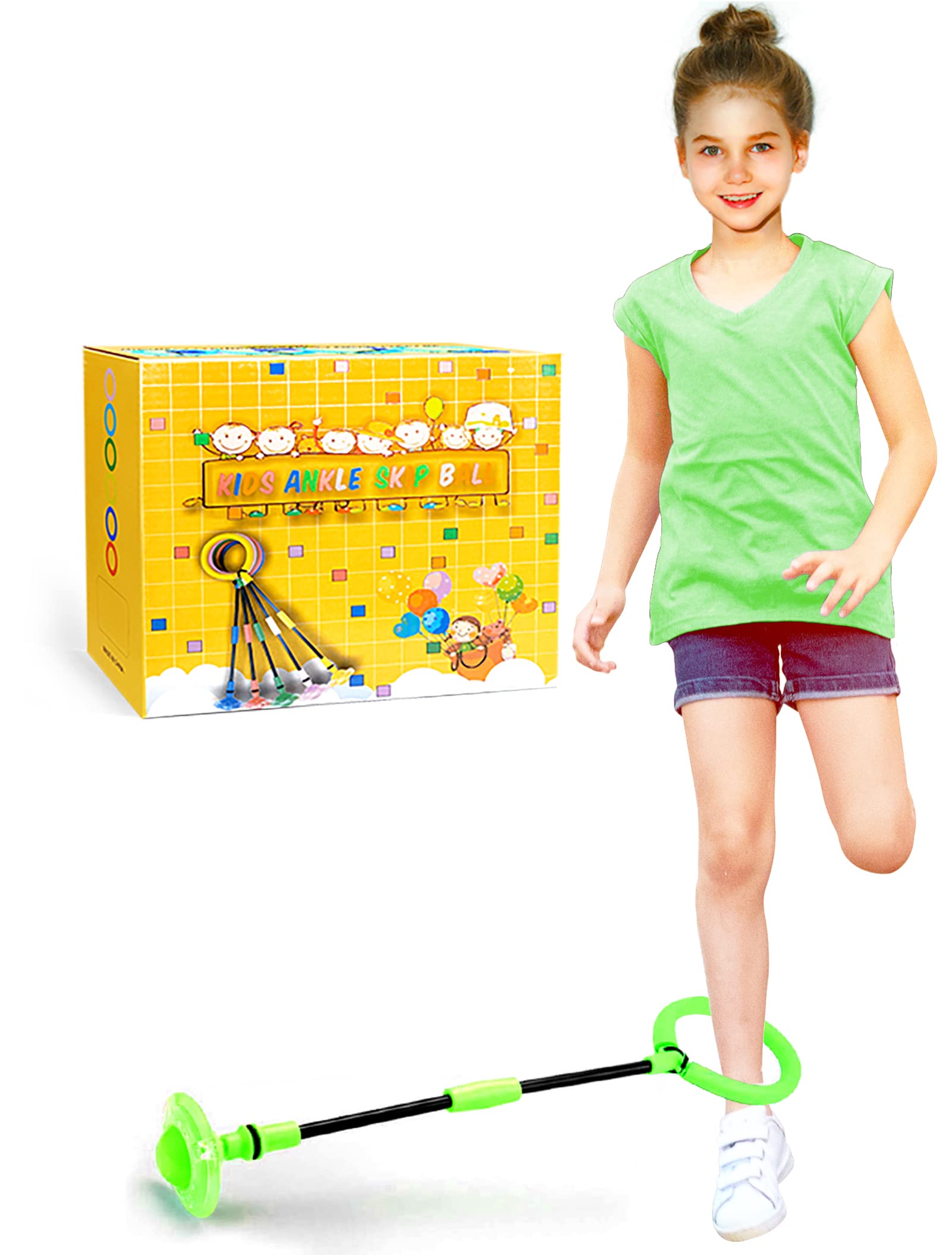 Skip Ball for Kids, Foldable Ankle Skip Ball Flashing Jumping Ring Colorful Sports Swing Ball, Fitness Fat Burning Jump Rope Game for Boy and Girl (Green)