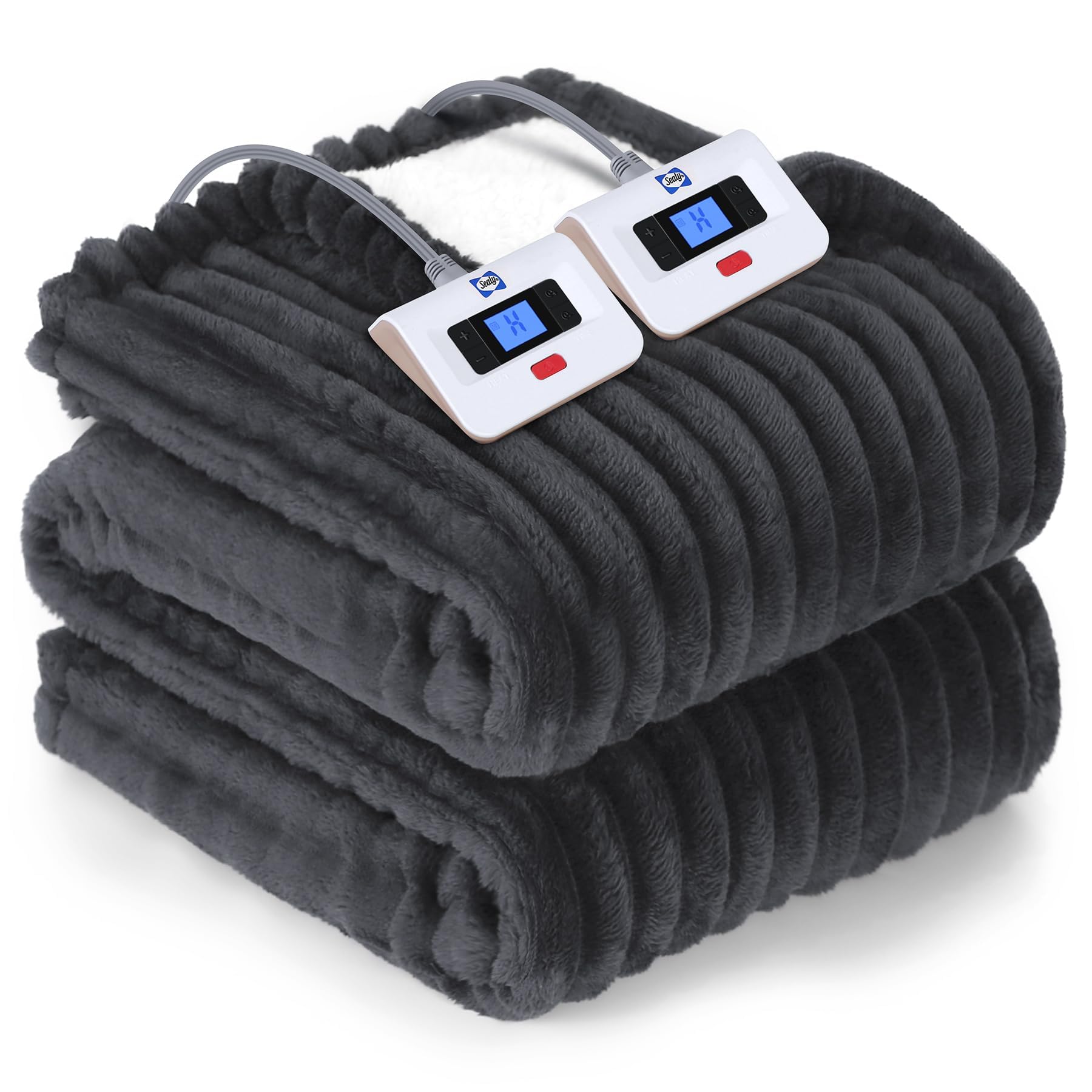 Photo 1 of Sealy Electric Blanket Queen Size, Soft Ribbed Flannel to Sherpa Reversible Heated Blanket with Dual Control 10 Heat Settings & 1 to 12 Hours Auto-Off 84"x90" Machine Washable, Charcoal