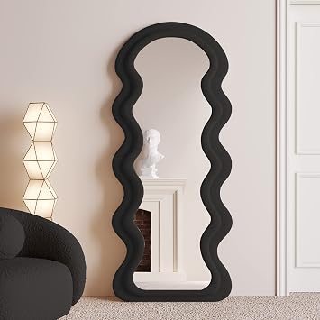 BOJOY Full Length Wavy Mirror, 63x24, Arched Floor & Wall Mirror - Standing, Hanging or Leaning - Flannel Wrapped Wooden Frame - Black