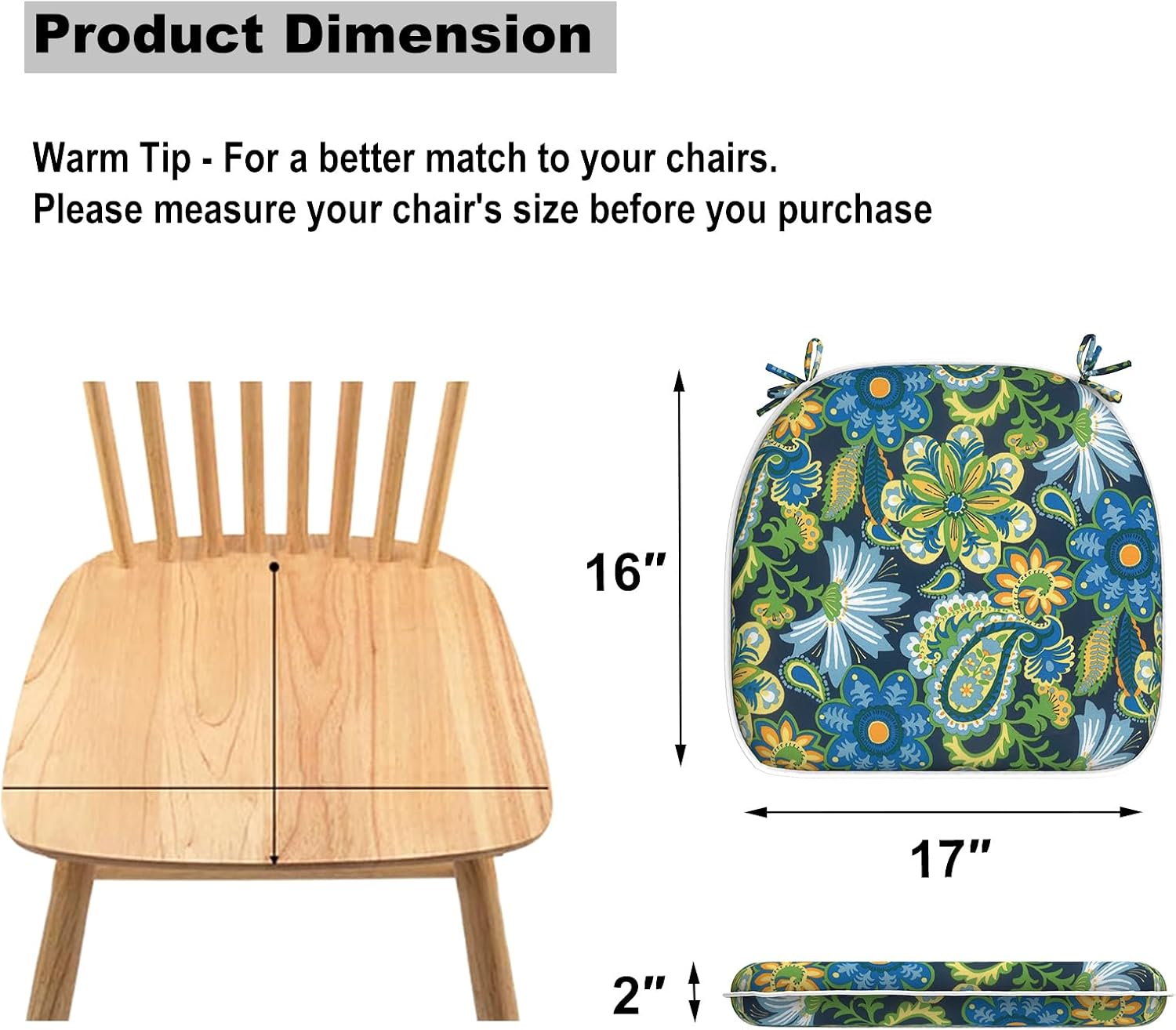 Set of 4 Outdoor Chair Cushions with Ties,Water Repellent Patio Chair Pads 17"x 16" for Outdoor Furniture,Round Corner Seat Cushions for Garden Yard Kitchen Flower Child