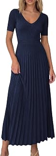 PRETTYGARDEN Women's Ribbed Knit Midi Sweater Dress Short Sleeve V-Neck Pleated A-Line Spring Summer Casual Outfits