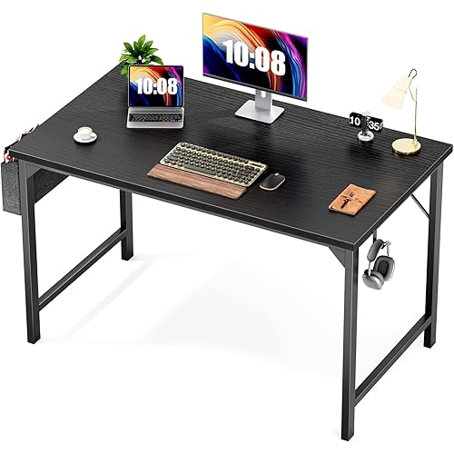 Sweetcrispy Computer Desk Small Office Desk 40 Inch Writing Desks Small Space Desk Study Table Modern Simple Style Work Table with Storage Bag and Iron Hook Wooden Desk for Home, Bedroom