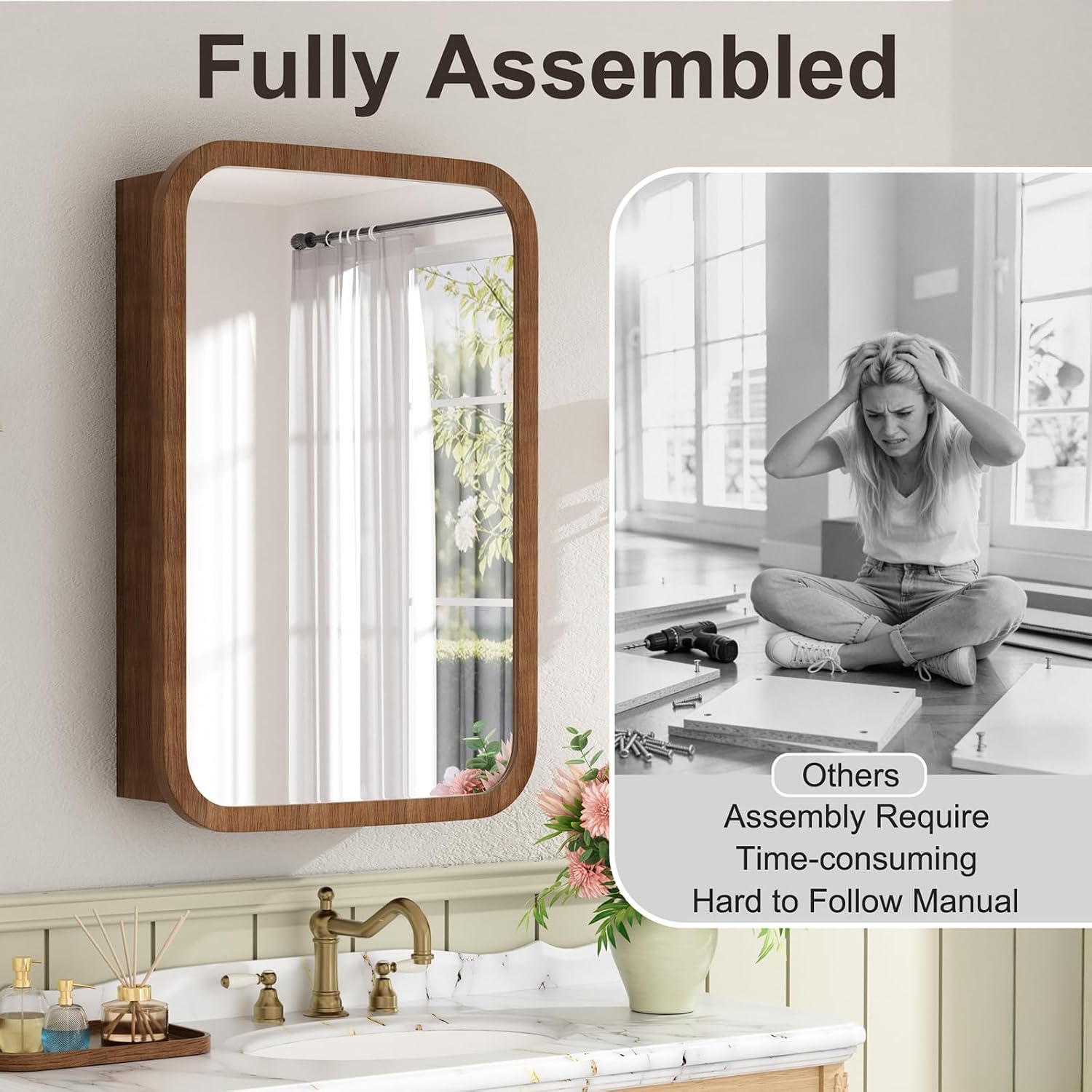 16x24 Inch Wood Medicine Cabinet with Mirror for Bathroom, Walnut