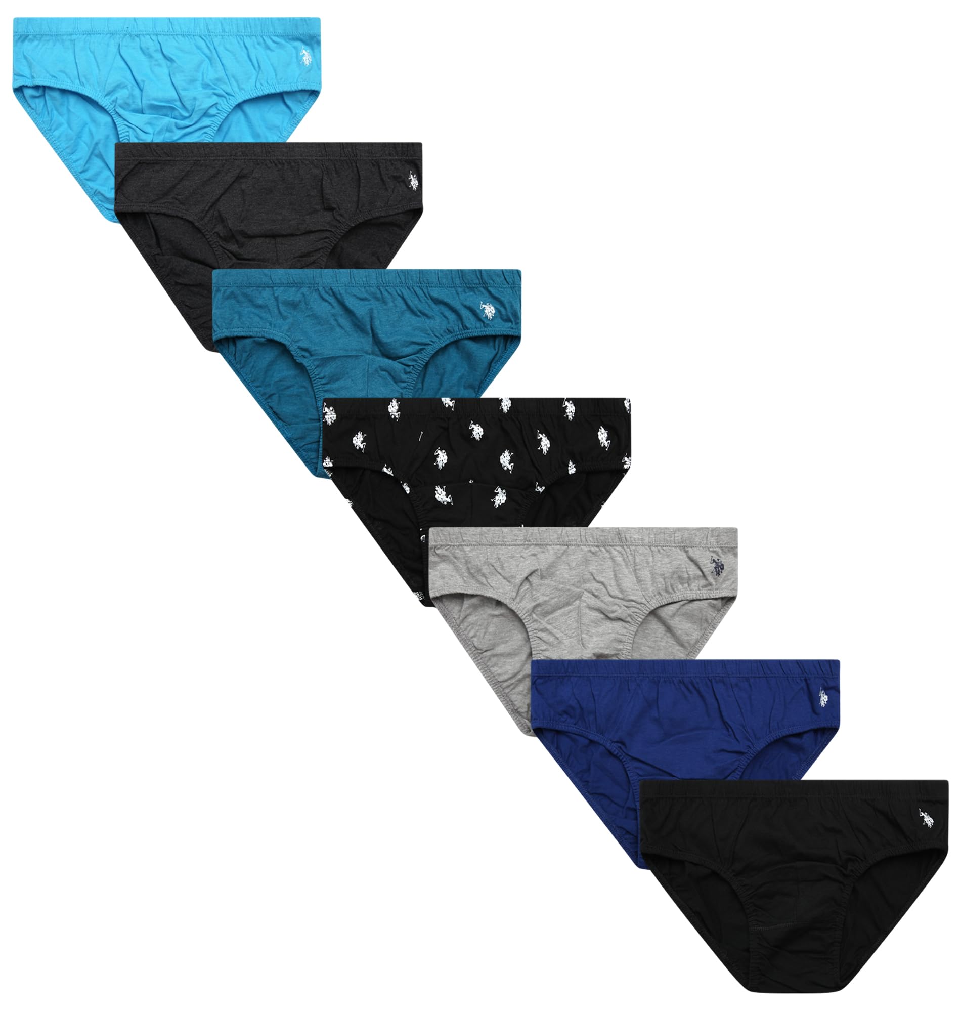 U.S. Polo Assn. Mens Underwear Briefs - 7 Pack Cotton Tag Free Low Rise Briefs Underwear for Men Pack with Contour Pouch, Black/Mazarine Blue/Grey/Print/Crystal Teal/Charcoal/Aqua Blue, L