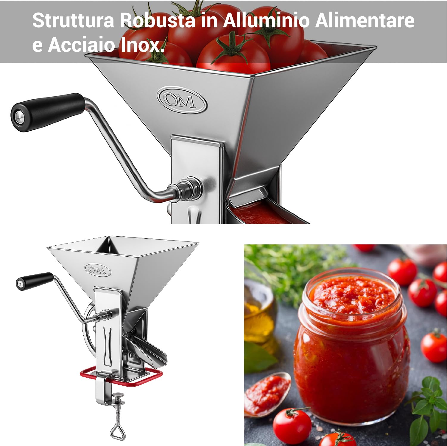 Crisalide® - Passapomodoro Manuale in Acciaio Inox con Guarnizione Salvatavolo in Plastica e Morsetto di Fissaggio, Dimensioni 17 x 22,5 x 30 cm