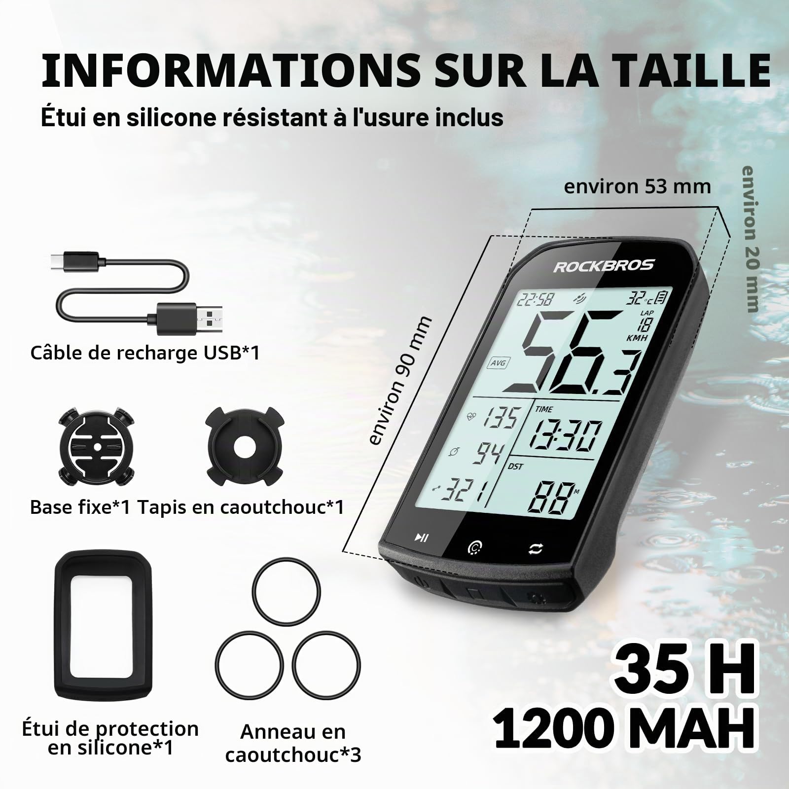 ROCKBROS Compteur Vélo sans Fil, Ordinateur de Vélo GPS Bluetooth 5.0 Ant+, Écran Rétroéclairé 2,9 Pouces IPX6, Compatible Strava
