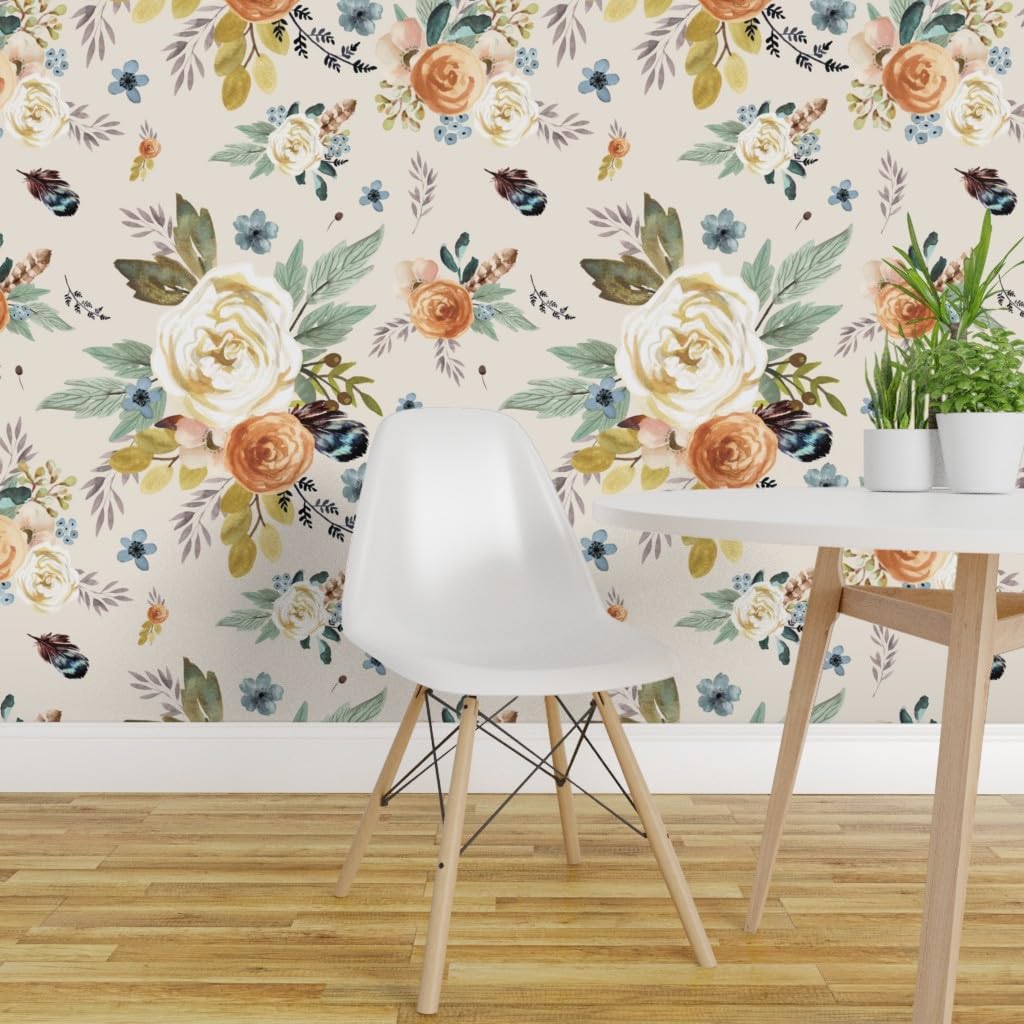 Removable Wallpaper 9ft x 2ft - Western Autumn Florals Ivory Rustic Floral Watercolor Boho Chic Feather Woodland Girly Custom Pre-Pasted Wallpaper by Spoonflower