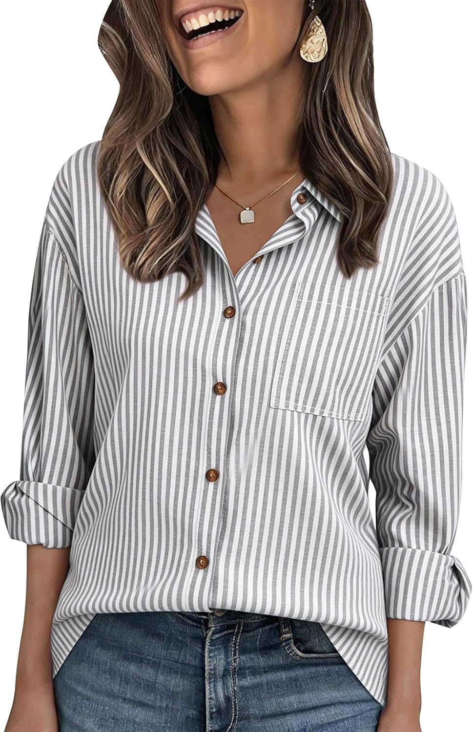 PEHMEA Women's Striped Button Down Shirts Long Sleeve Cotton Blouse with Pocket for Casual Office Daily