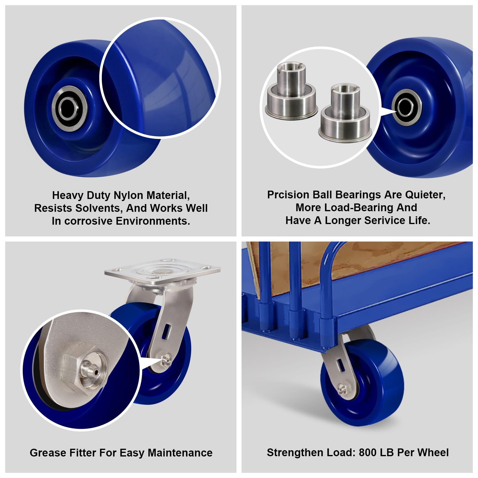 Smerigliatrice di ricambio per ruote da 12,7 cm, in poliuretano solido blu, resistente ai rifiuti, resistente ai rifiuti, capacità 362,9 kg, cuscinetti-foro da 1/2" (confezione da 4)