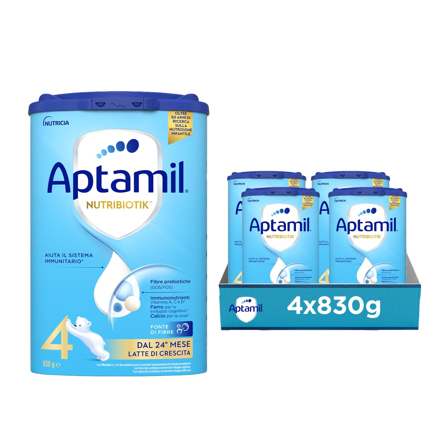 APTAMIL Nutribiotik 4 - Latte di Crescita in Polvere per Bambini dai 24 mesi - Formato Convenienza da 3320 grammi (4 confezioni da 830g)
