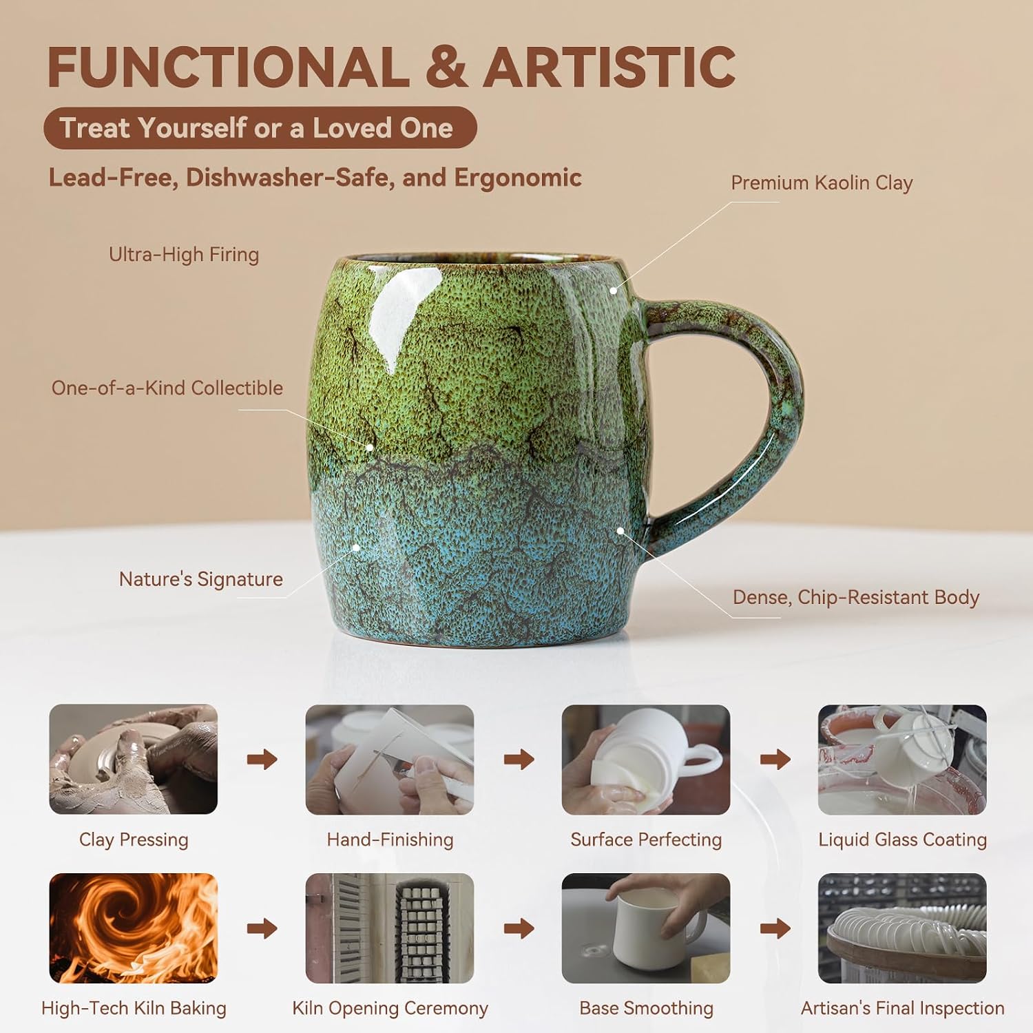 Handmade 22oz Ceramic Coffee Mug, Ergonomic Large Handle, Ideal Gift for Coffee Lovers, Microwave & Dishwasher Safe (Minute-Green&Blue)