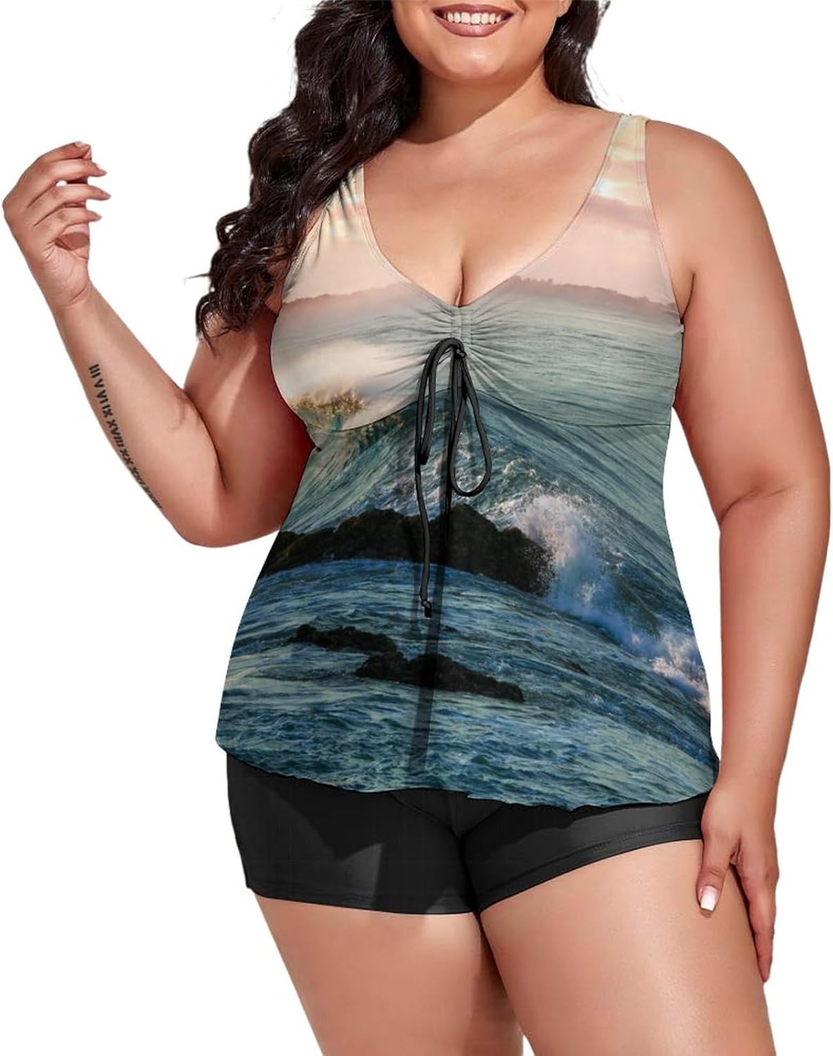 Plus Size Swimdress Florida Sunset Beach Women's 2 Pieces Tankini Swimsuits Women's Bathing Suit with Boyshort
