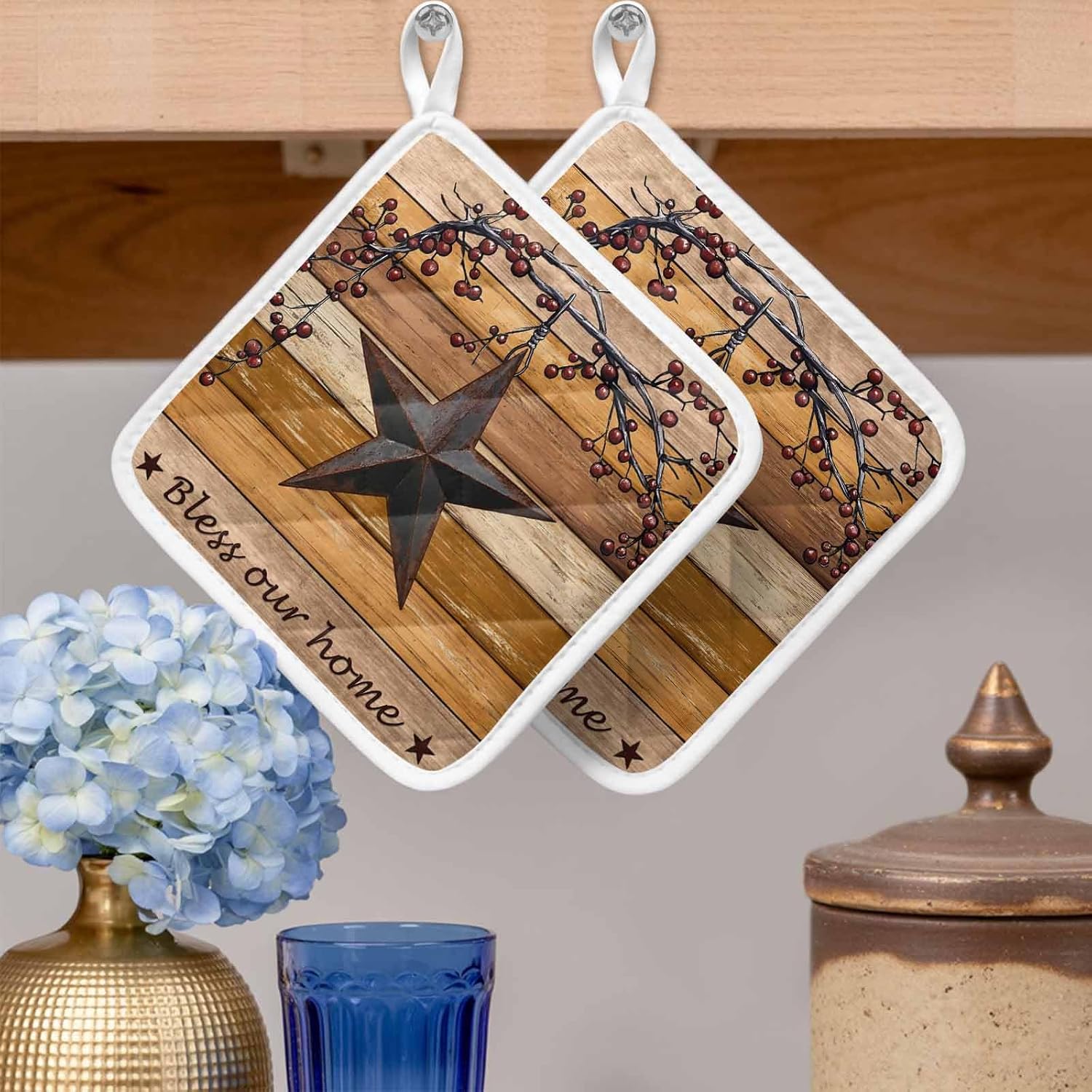 Texas Star Vintage Pot Holders for Kitchen Heatproof Potholder, 5 Pack Berry Yellow Brown Wooden Hot Pads Multipurpose Oven Pads Cloth Potholders Trivet for Cooking Baking