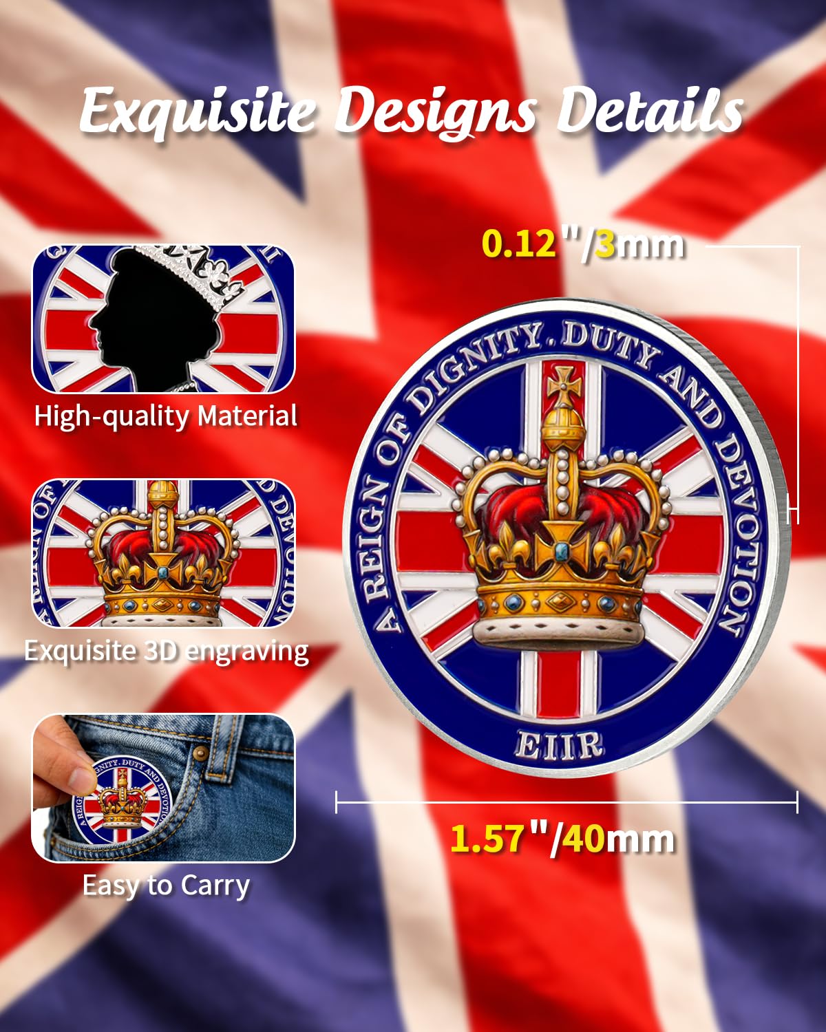 ACGZQY Queen Elizabeth II Tribute Coin, 1926-2022 Union Jack Enamel Coin with Royal Crown & Queen Silhouette - Image 3