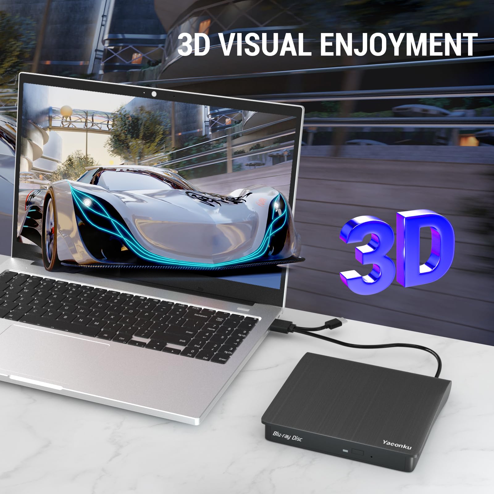 Yaeonku External Blu Ray Drive, USB 3.0 Type-C DVD CD Portable Blu Ray Player, 50GB BD write support - Image 4