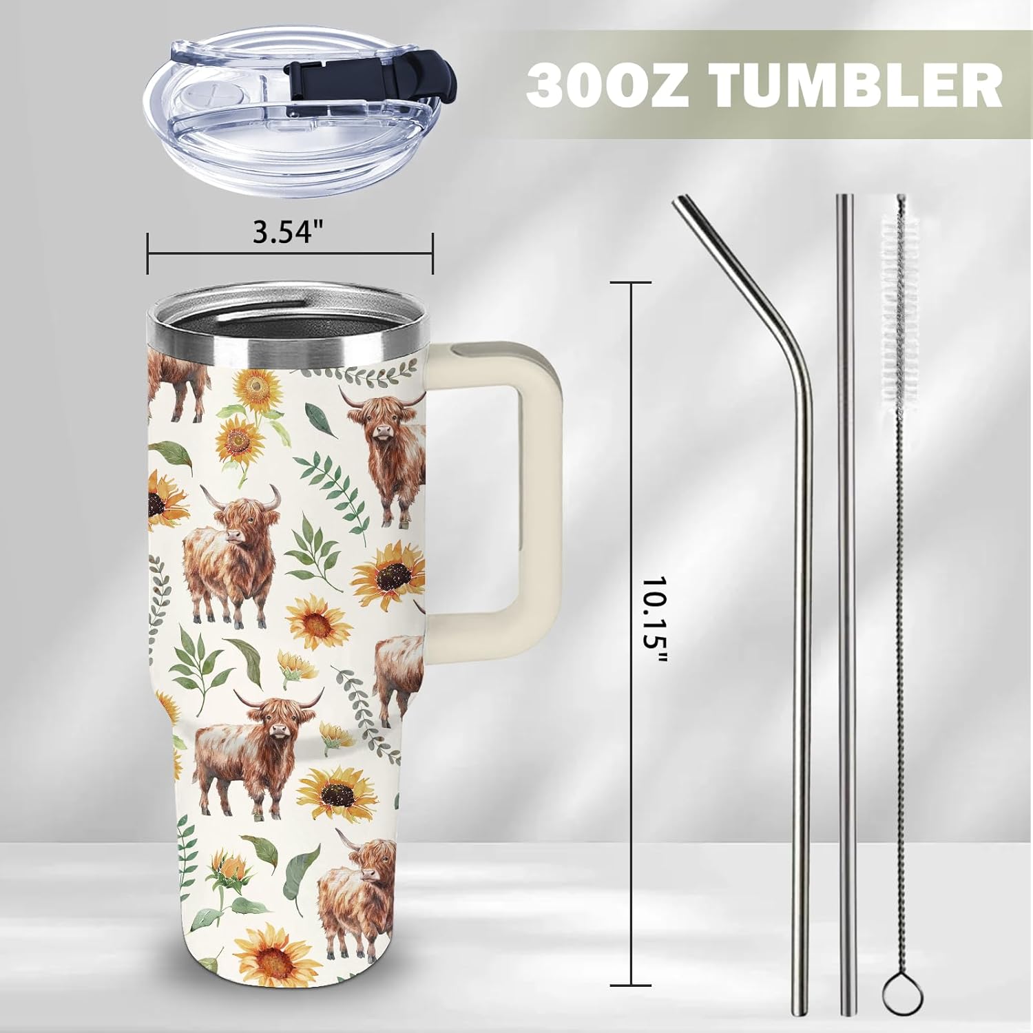 Highland Cow Gifts - Yak Tumbler 30oz with Handle and Straws, Leak-proof, Stainless Steel Insulated Coffee Mugs for Western Farm Lovers Cups, Highland Cows Drinking Water Bottle - Image 2