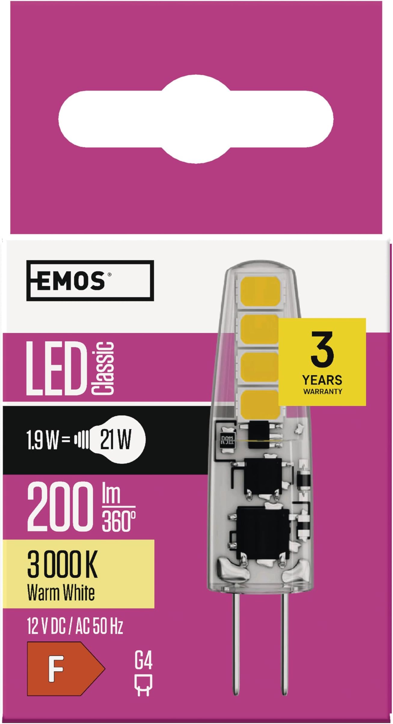 EMOS LED, 1.9 W Replaces 21 W, G4 Pin Bulb JC 12 V, Brightness 200 lm, Warm White 3000 K, 30000 h Life, 300ยฐ Beam Angle, 2 W
