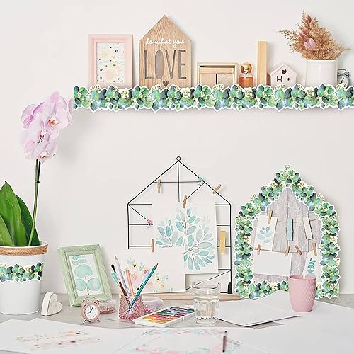 Miniatura 5 de Borde troquelado de eucalipto de 49 pies para tablón de anuncios, borde de aula, borde temático de eucalipto para fotos, pared, tablones de