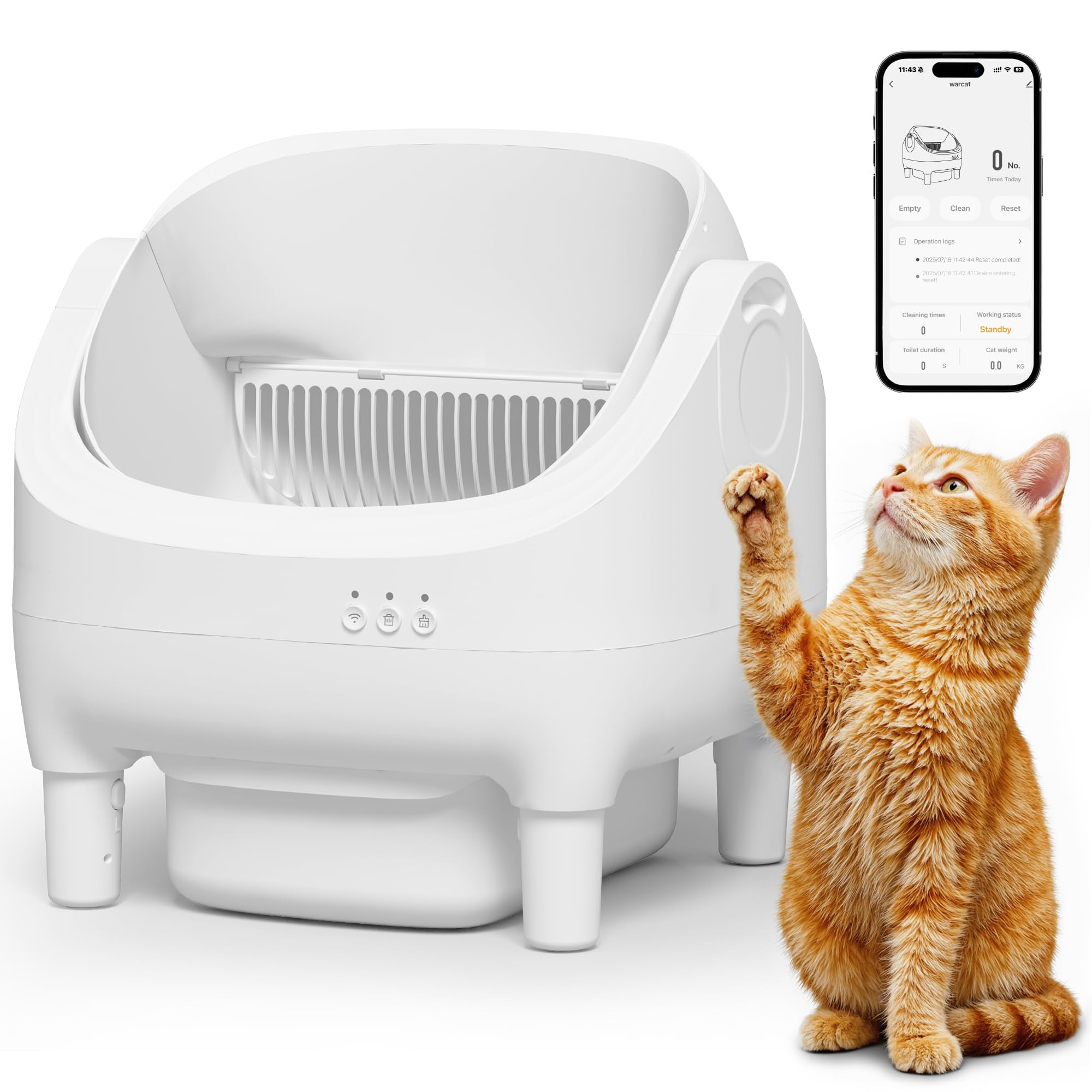 WARCAT Litter Box - Electric Automatic Self Cleaning Cat Litter Box, Open-Top Design, Easy Odor Control, Smart APP Control, 15L Large Waste Bin, Includes Trash Bags & Mat (White)