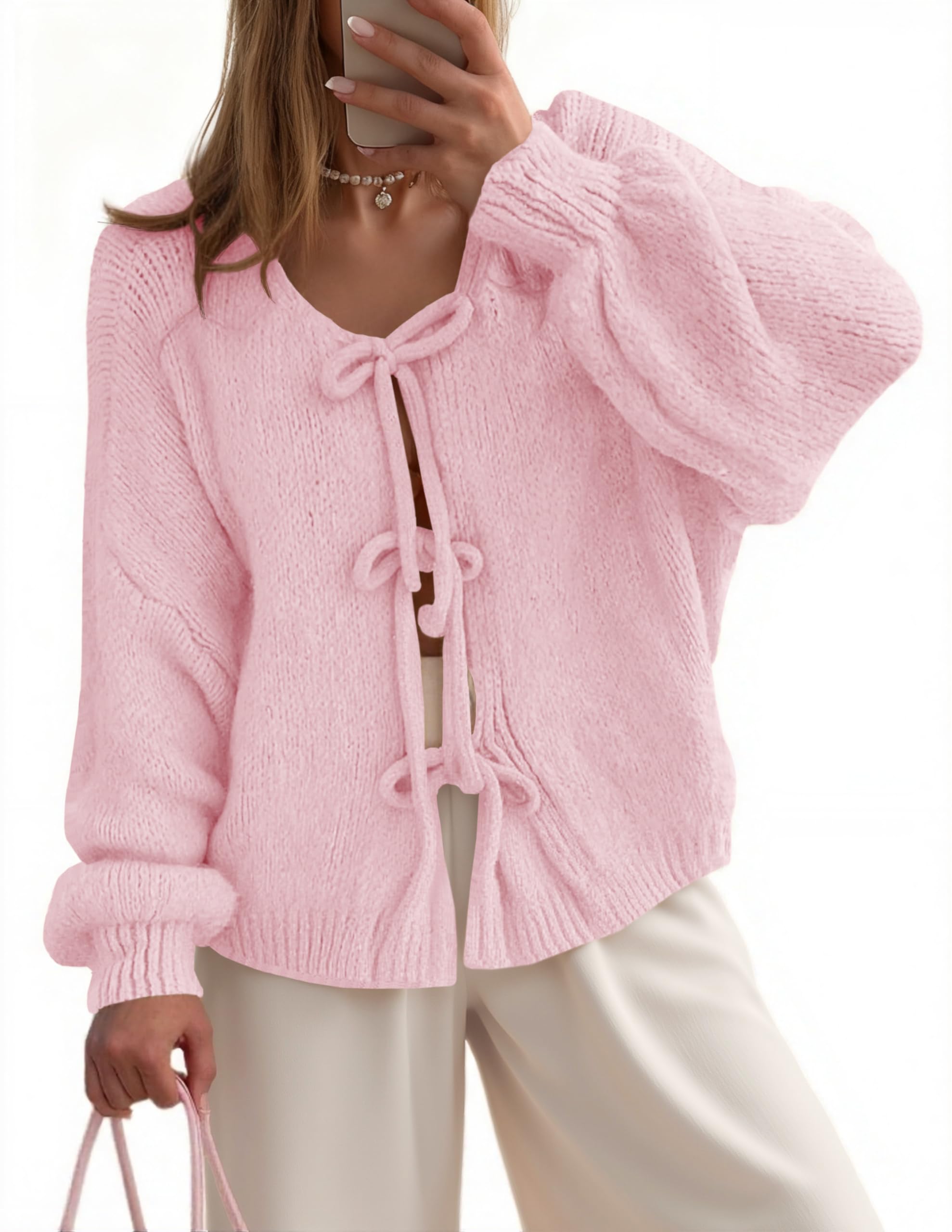 UNCLECAT Womens Bow Tie Front Cardigan Sweaters Oversized Fall Open Front Cardigans Cute Loose Knit Tops