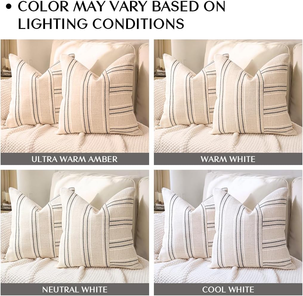 AELS 18x18 Decorative Farmhouse Linen Throw Pillow Covers, Boho Textured Pillow Case, Set of 2, Beige with White & Black Stripe Patchwork Cushion Cover for Sofa Couch Living Room (Cover ONLY) - Image 7