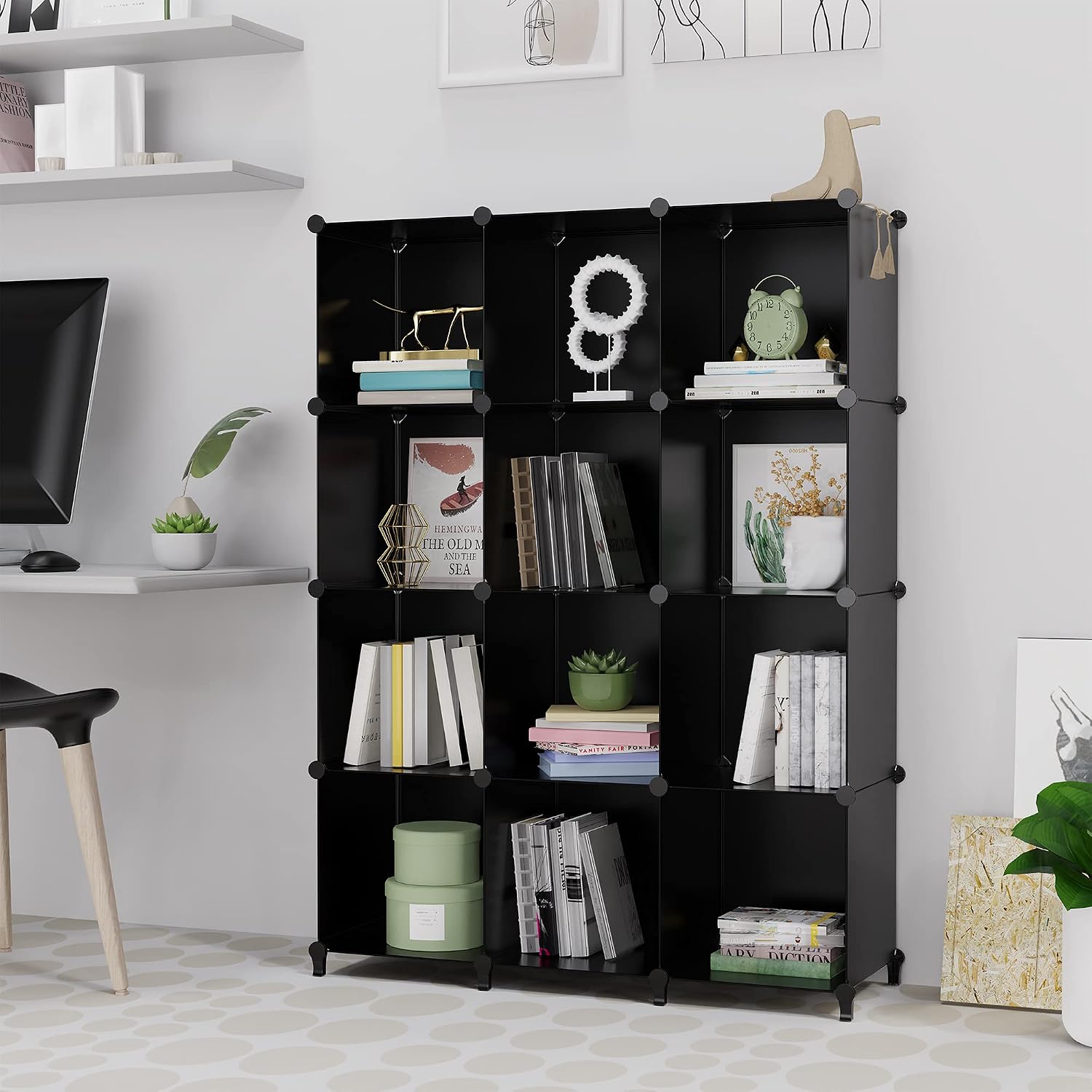 SIMPDIY Storage Modular Cubes 12 Cubes Black (124x93x30cm) Plastic Portable Organizer Bookshelf Shelf Rack