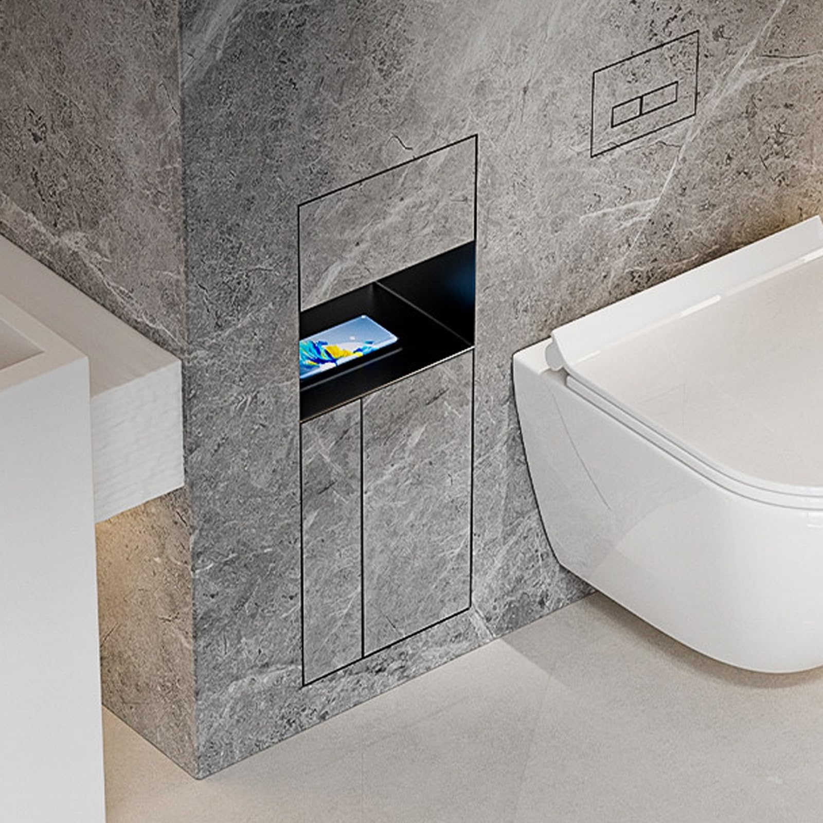 Portarotolo di carta igienica a incasso con cestino/portascopino, nicchia da parete per bagno 4 in 1 piastrellabile in acciaio inox 304, nicchia doccia a incasso