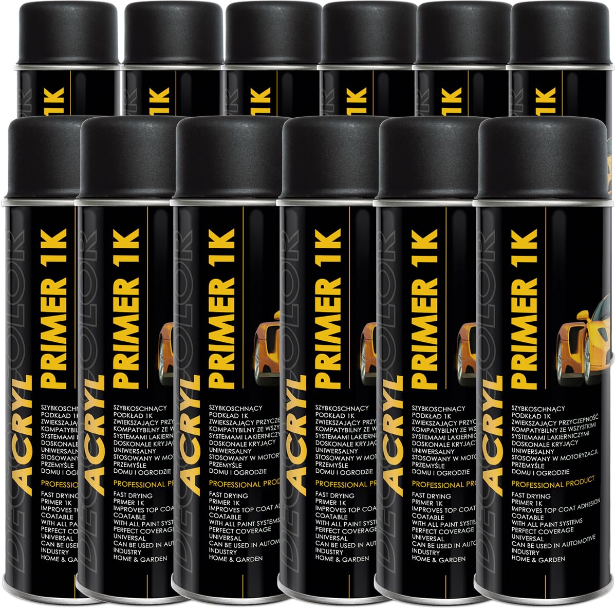 DECO COLOR 12 STÜCK ACRYL CAR LINE Grundierung SCHWARZ 500ml - Haftgrund für z.B. Alufelgen, KFZ, Holz, Beton (12 Dosen 500ml Grundierung Schwarz)