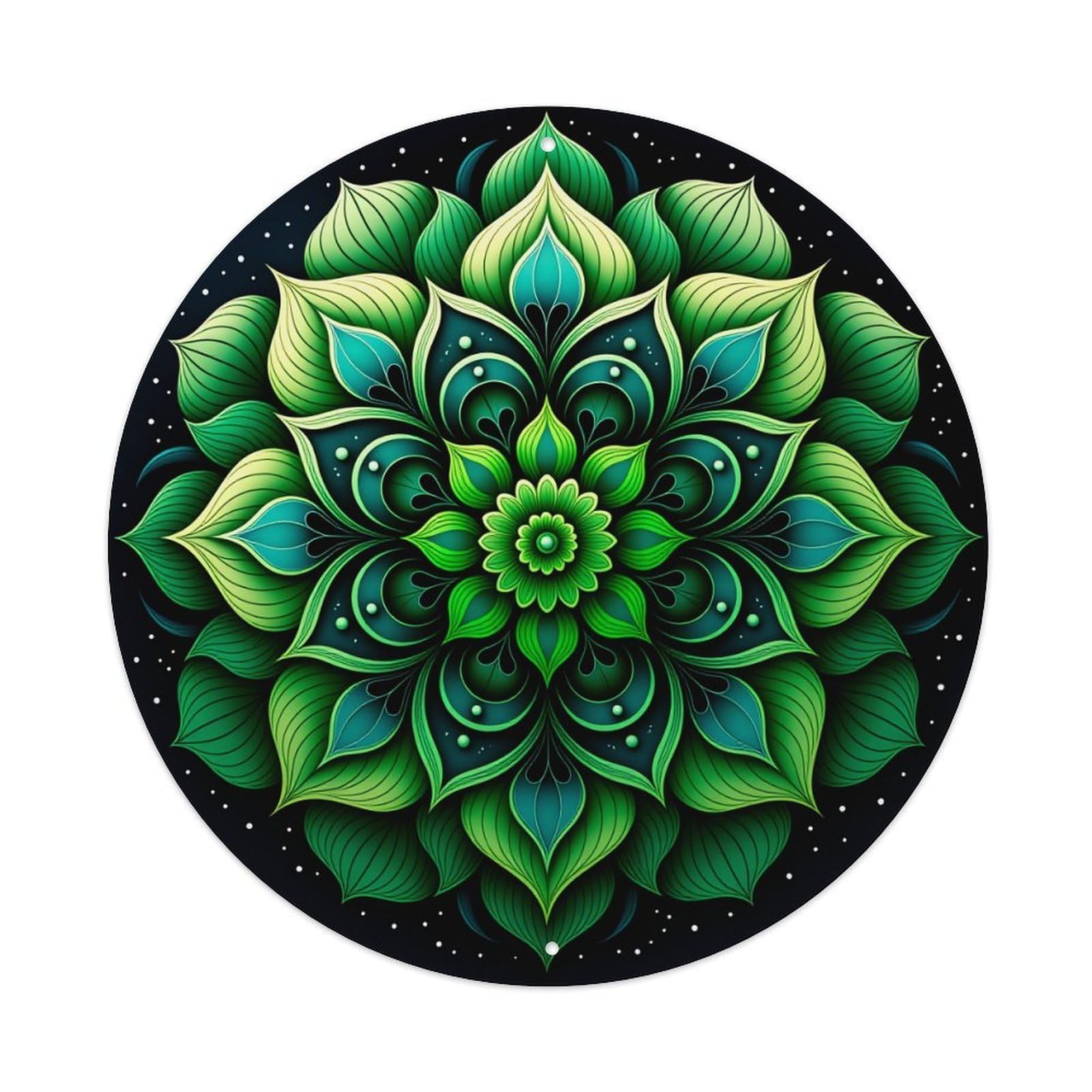 Green Leaf Mandala Pattern With Symmetrical Design Round Vintage Tin Sign,Retro Wall Art,Metal Poster for Home, Bar, Garage, Cafe, Rustic Indoor & Outdoor Decor, 8x8 Inches
