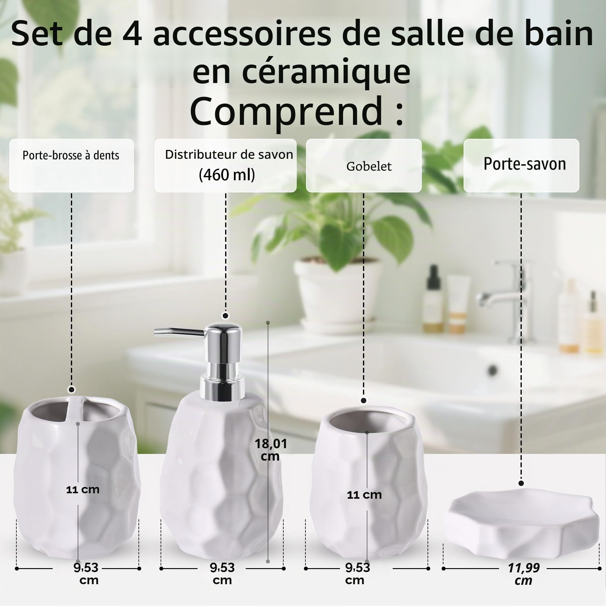 Ensemble d'accessoires pour salle de bain, ensemble de 4 pièces pour salle de bain, distributeur de lotion et de savon, porte-savon, porte-brosse à dents, verre à dents, organisateur de salle de bain