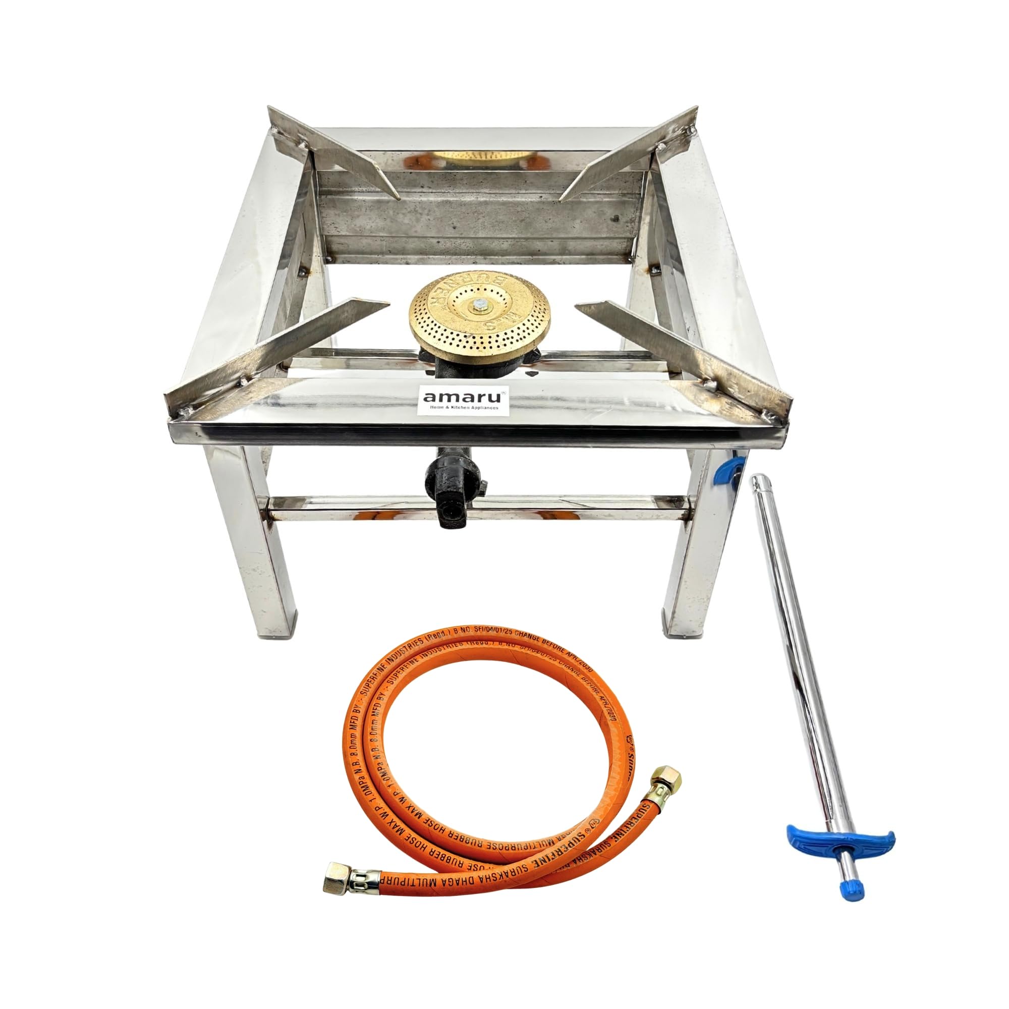 Amaru Single Burner Stainless Steel Square Chulha Canteen Bhatti Commercial Gas Stove - Silver, Manual (Large-14Lx14Wx10.5H)