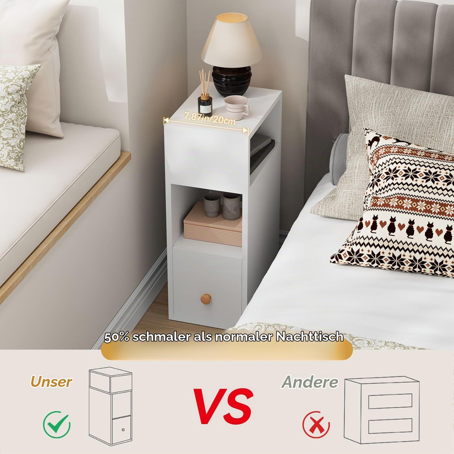 IBUYKE Nachttisch 2er Set, Schmal Beistelltisch,weiß WNS006W-2 | Kleiner Nachtschrank mit Schublade und 2 offene Fächer,Platzsparend,Bedside Table für Schlafzimmer,Wohnzimmer,Arbeitszimmer
