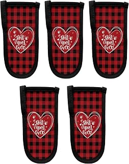 Love Art Best Mom Ever Hot Handle Holder, Pot Pan Handle Covers, Mother Red Black Checker Buffalo Cast Iron Skillet Handle Covers, Heat Protecting Pan Handle Sleeves Mitt for Kitchen, 5PCS