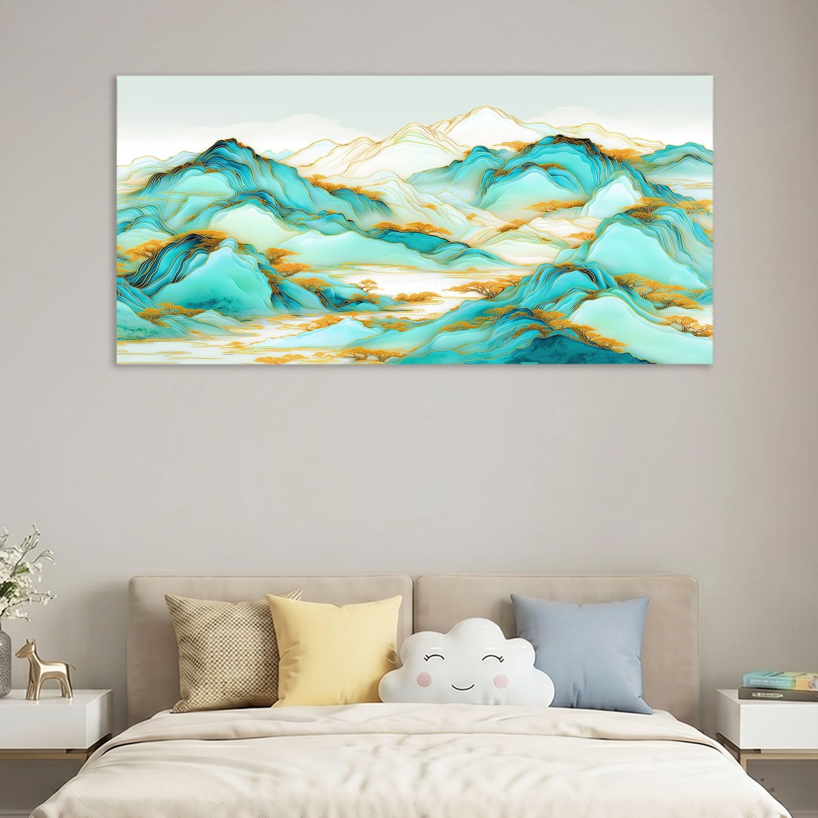 Leinwandbild 100 x 70 cm Leinwandbilder mit Abstrakt, Bild auf Leinwand - Kunstdruck auf Canvas, Bilder Wanddeko für Wohnzimmer, Schlafzimmer, Esszimmer, Tuschmalerei Landschaft Grün