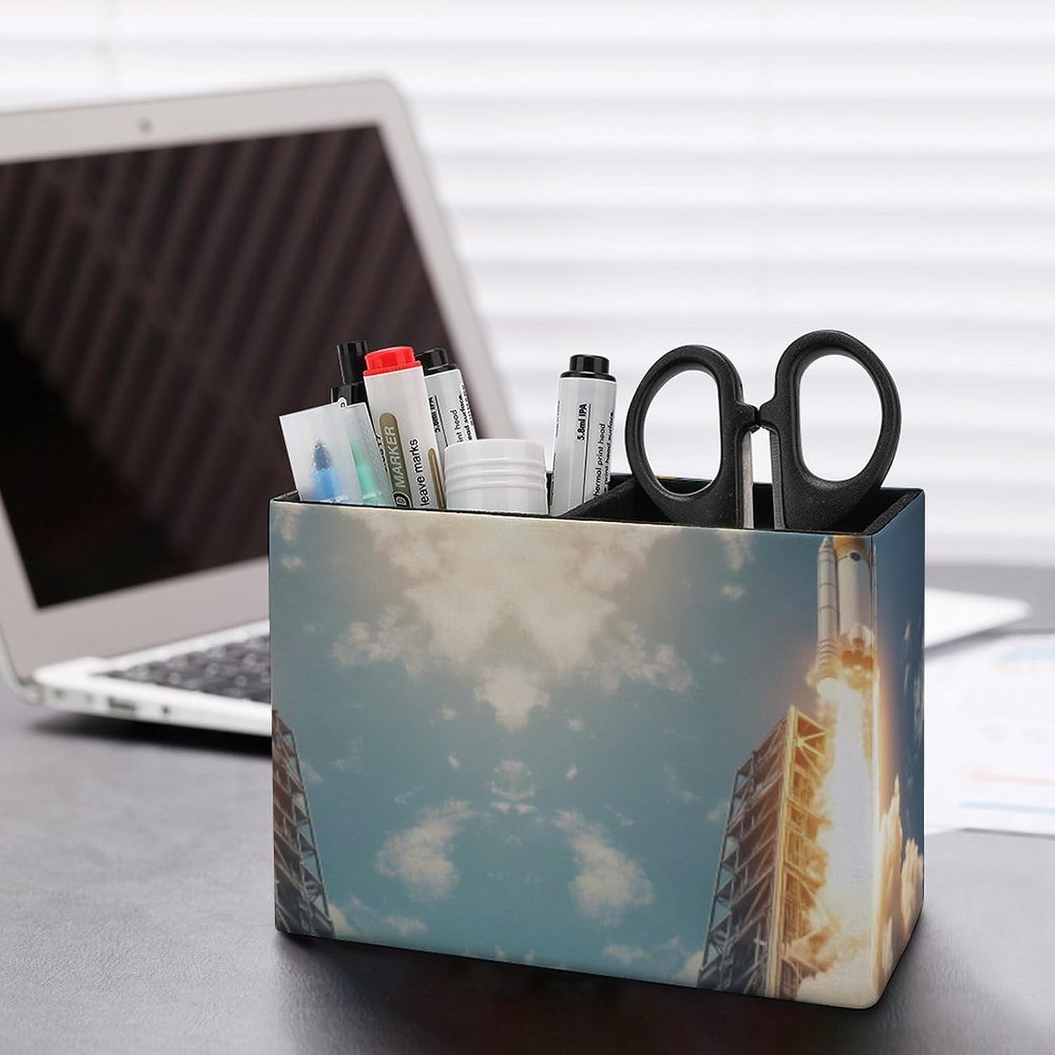 Rocket Launch Pencil Pen Holder PU Leather Desk Storage Organizer Makeup Brush Box