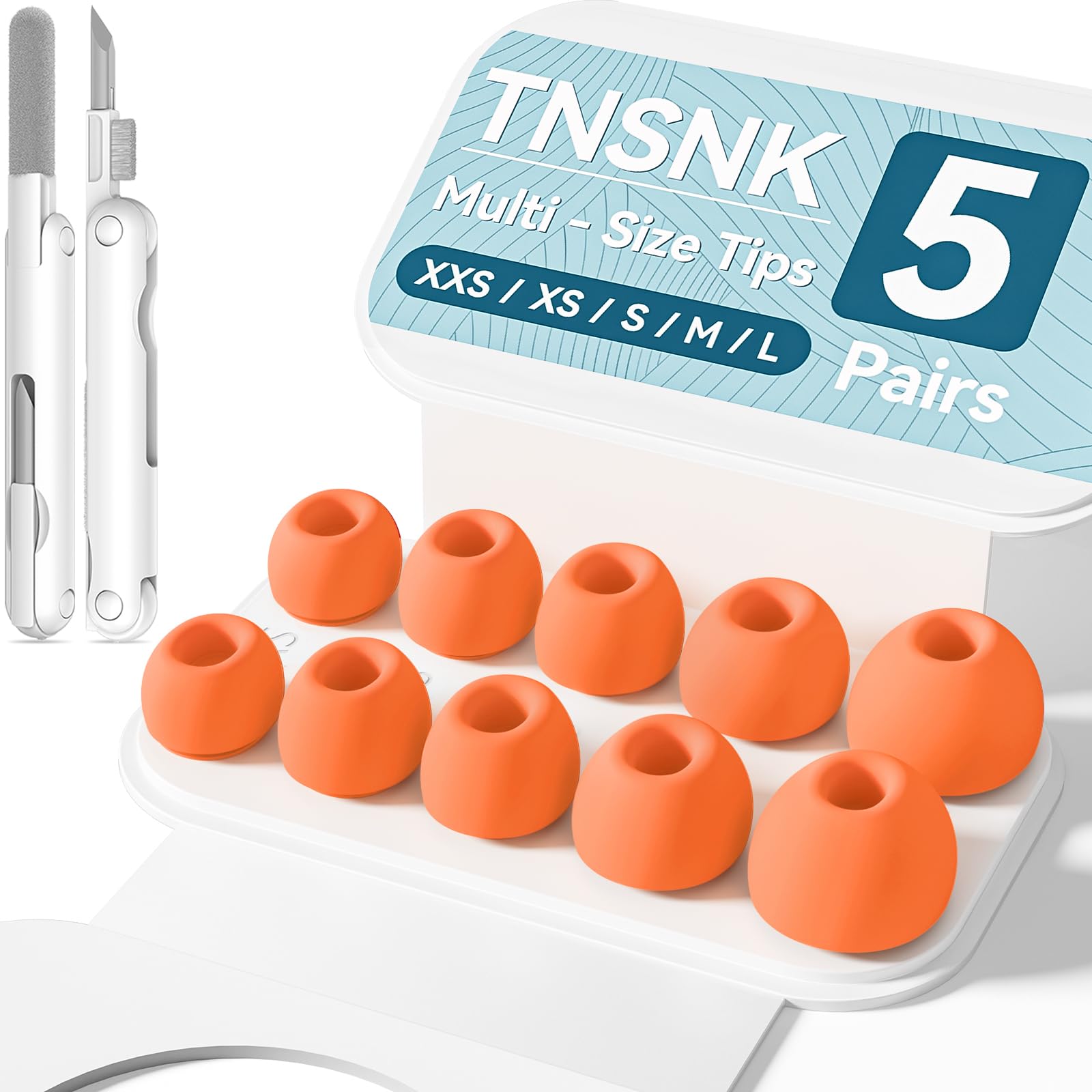 Zamienne Końcówki do AirPods Pro 3, Pomarańczowy - (XXS/XS/S/M/L) | 5 Pary, Antypoślizgowe, Miękki Silikon, Delikatne dla Skóry, Wygodne w Noszeniu, z Pudełkiem do Czyszczenia i Przechowywania